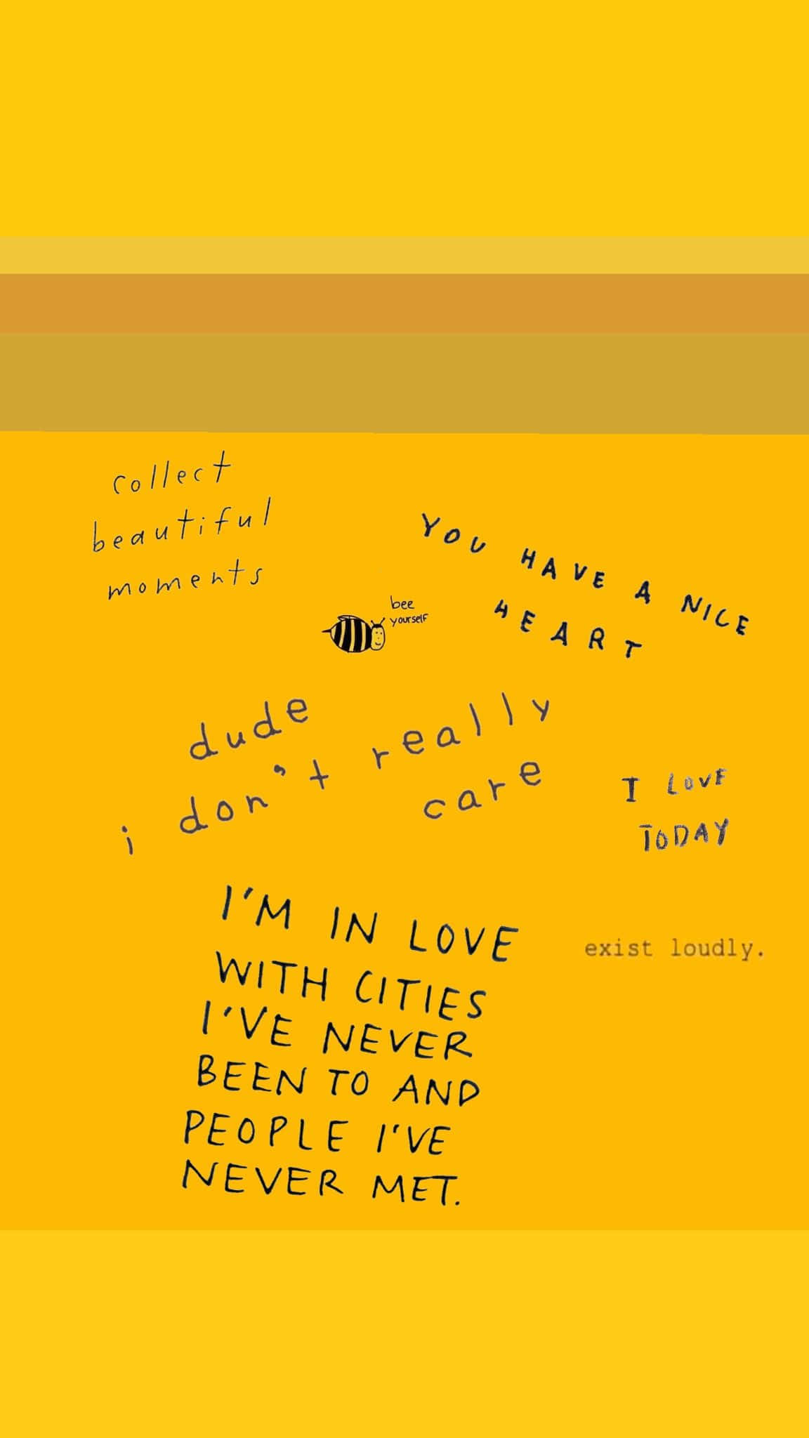 Aesthetic Yellow 桌布 壁紙 — 鮮黃色背景，散落著手寫短語和一個小蜜蜂插圖。