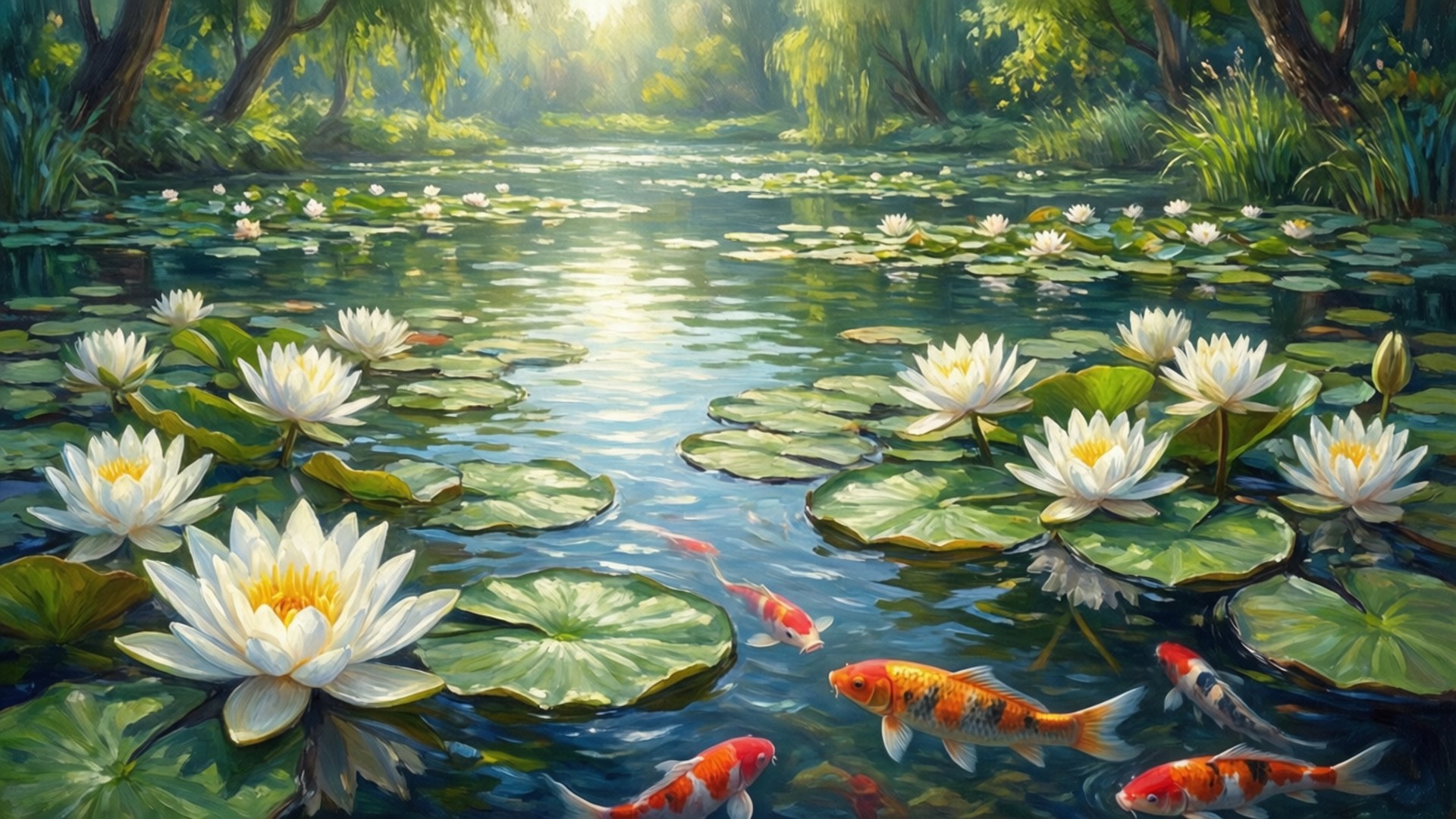 鯉魚池塘與睡蓮 壁紙 — 陽光穿過樹木，灑在一個寧靜的池塘上，池塘裡滿是白色的睡蓮和色彩繽紛的錦鯉在綠色的睡蓮葉間游動。