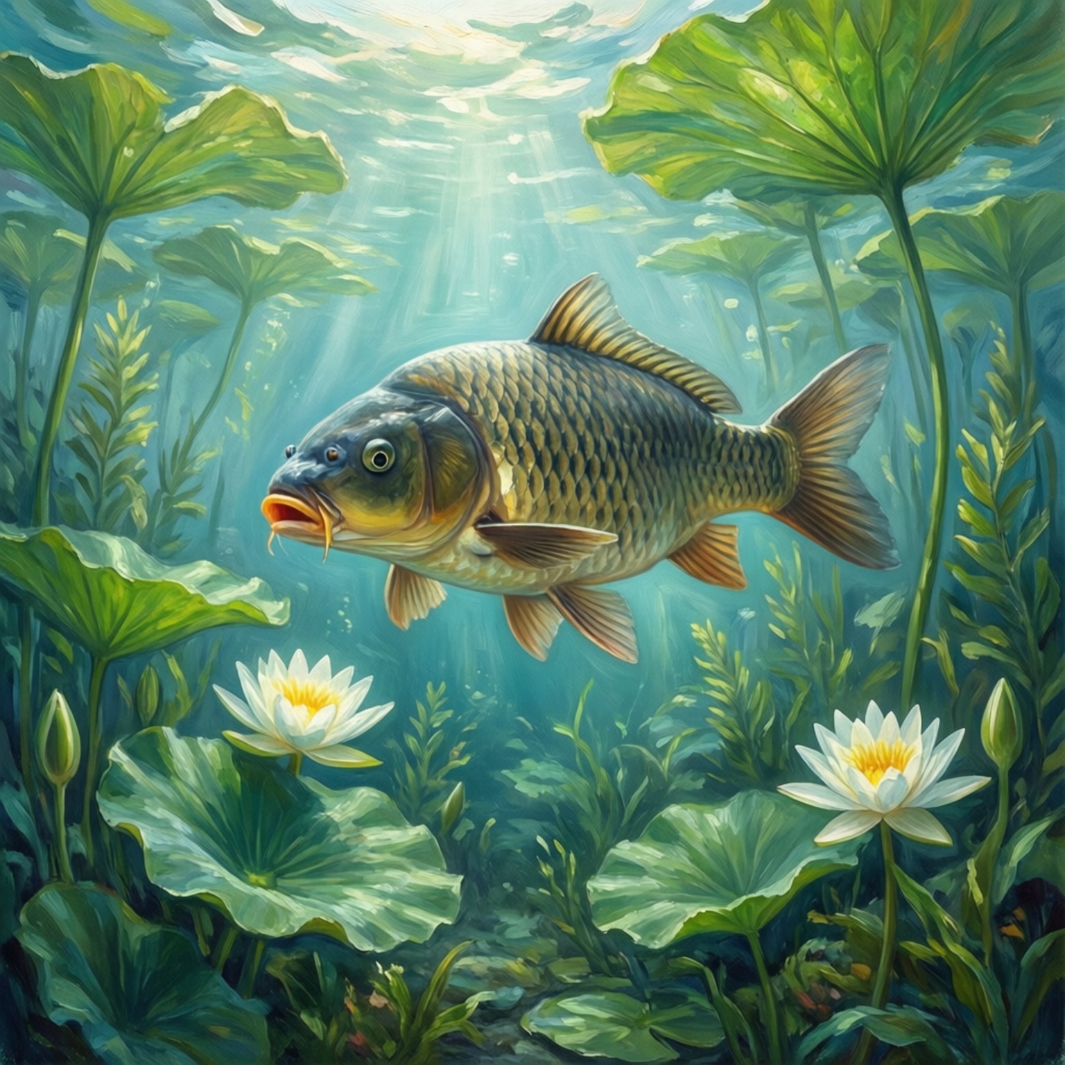 一條鯉魚在陽光下，於有睡蓮葉和白色睡蓮的池塘中滑行。
