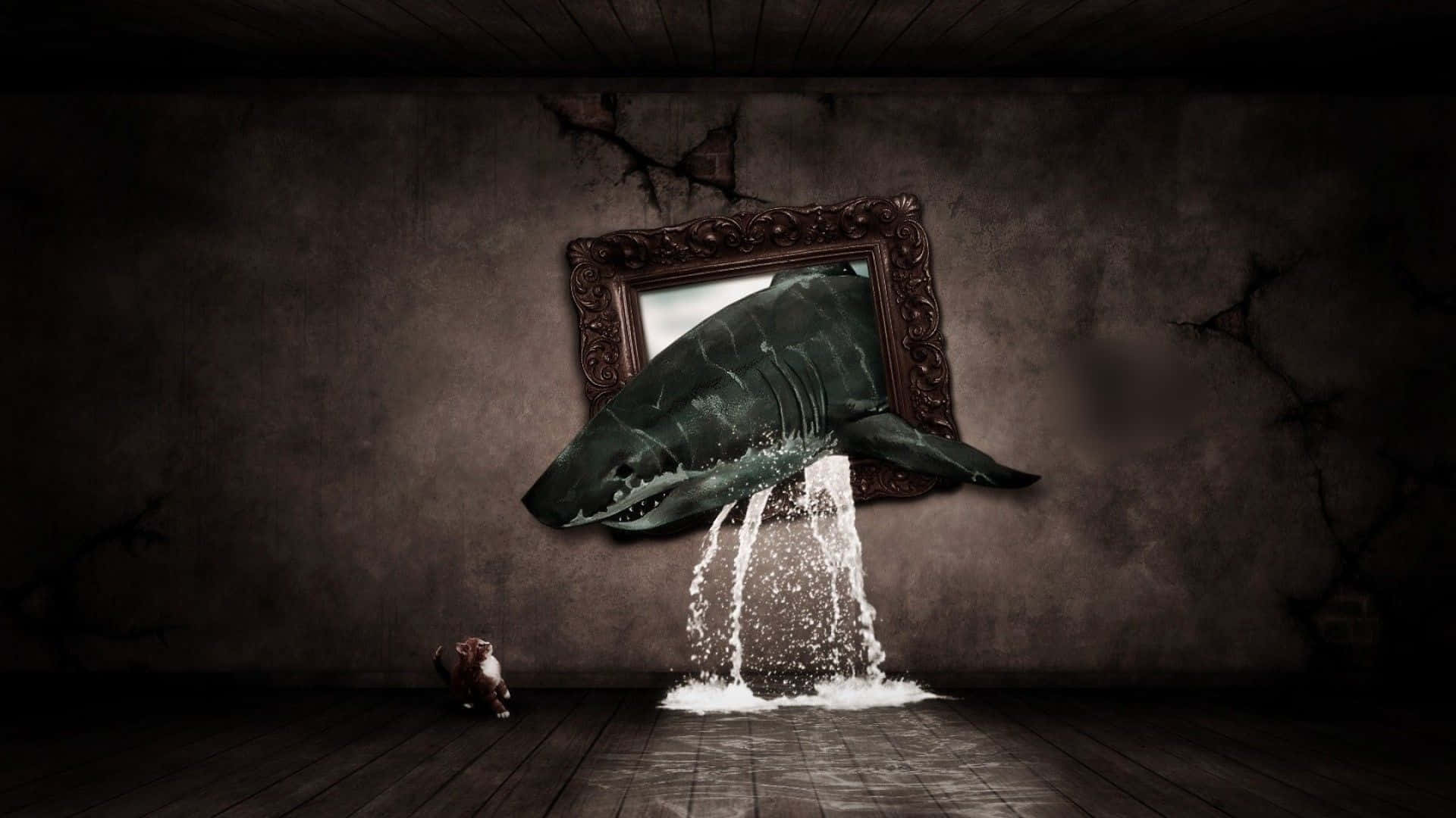 鯊魚穿框貓奇異圖 壁紙 — 一條巨型鯊魚衝破裂牆上帶框的鏡子，將水噴到木地板上，附近有一隻小狗蜷縮著。