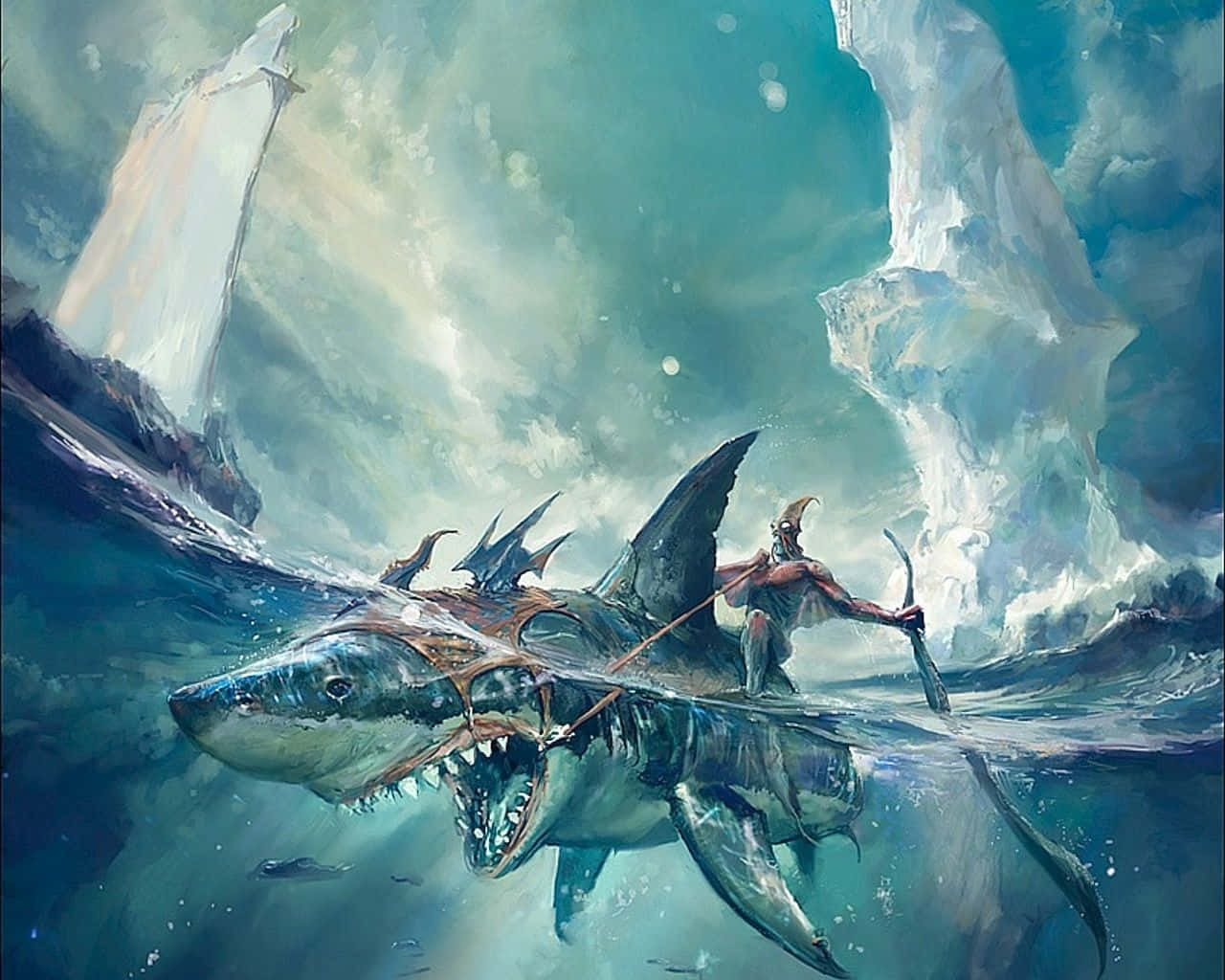 鯊魚近距離特寫，優雅地在清澈海洋中滑行 壁紙