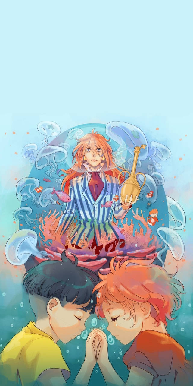 鯨魚之父 Fujimoto 藝術 壁紙 — 兩個孩子在水底祈禱，一個發光的動畫女孩（橙色頭髮）拿著金色燈籠，周圍有水母。