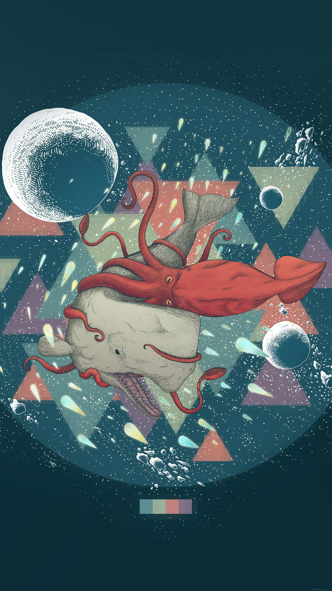 一隻紅色八爪魚騎著鯨魚穿越星光閃爍的宇宙場景，伴隨著幾何形狀。