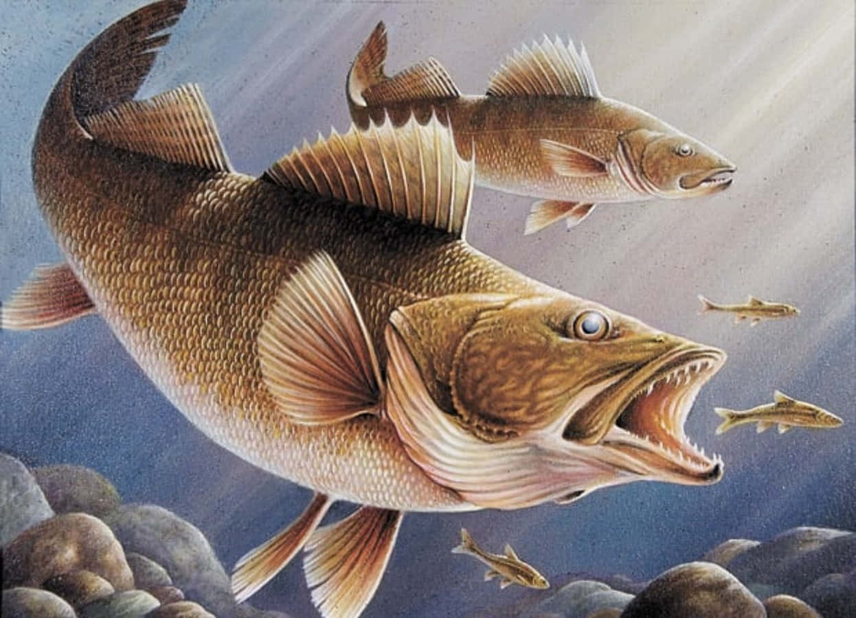 鯰魚釣魚 壁紙 — 一條大型掠食性魚類張開下顎喺岩石附近嘅水底游動，附近有較細嘅魚。