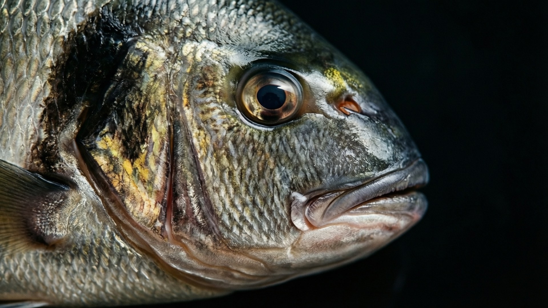 鯽魚微距特寫 壁紙 — 魚頭特寫，帶有細緻鱗片和大眼睛，背景為黑色。