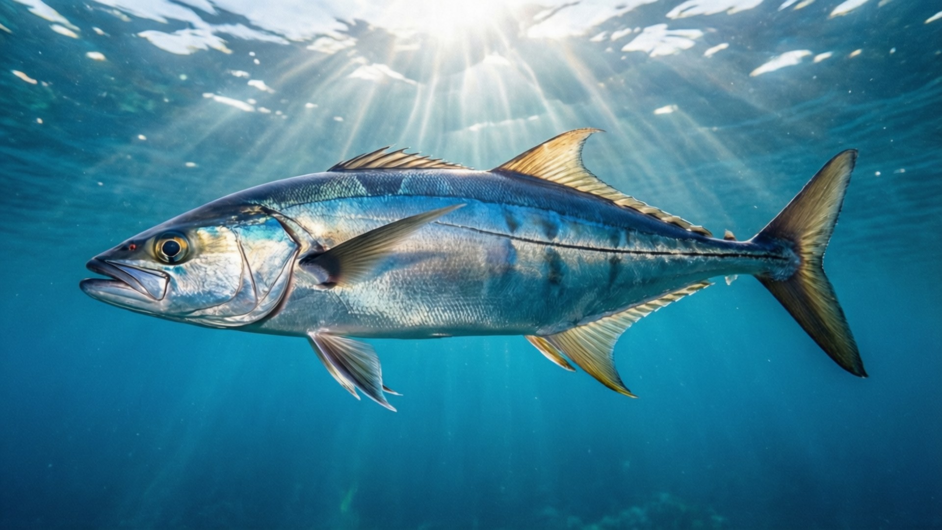 鰤魚海洋游弋 壁紙 — 一條光滑的藍色傑克魚在陽光照射的碧綠海水中滑行，光線從上方穿透。