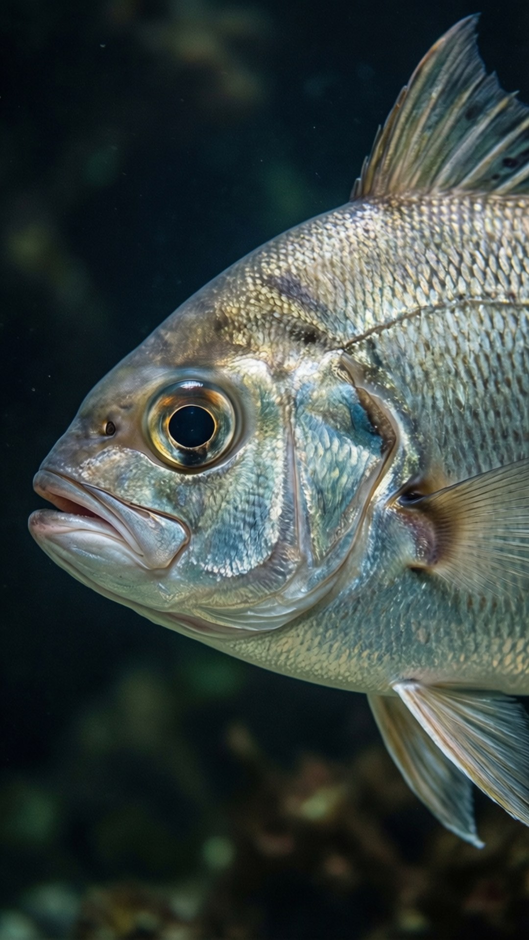 鰤魚特寫 壁紙 — 一條銀色魚嘅特寫，有詳細鱗片同大眼，喺黑暗水中游緊。