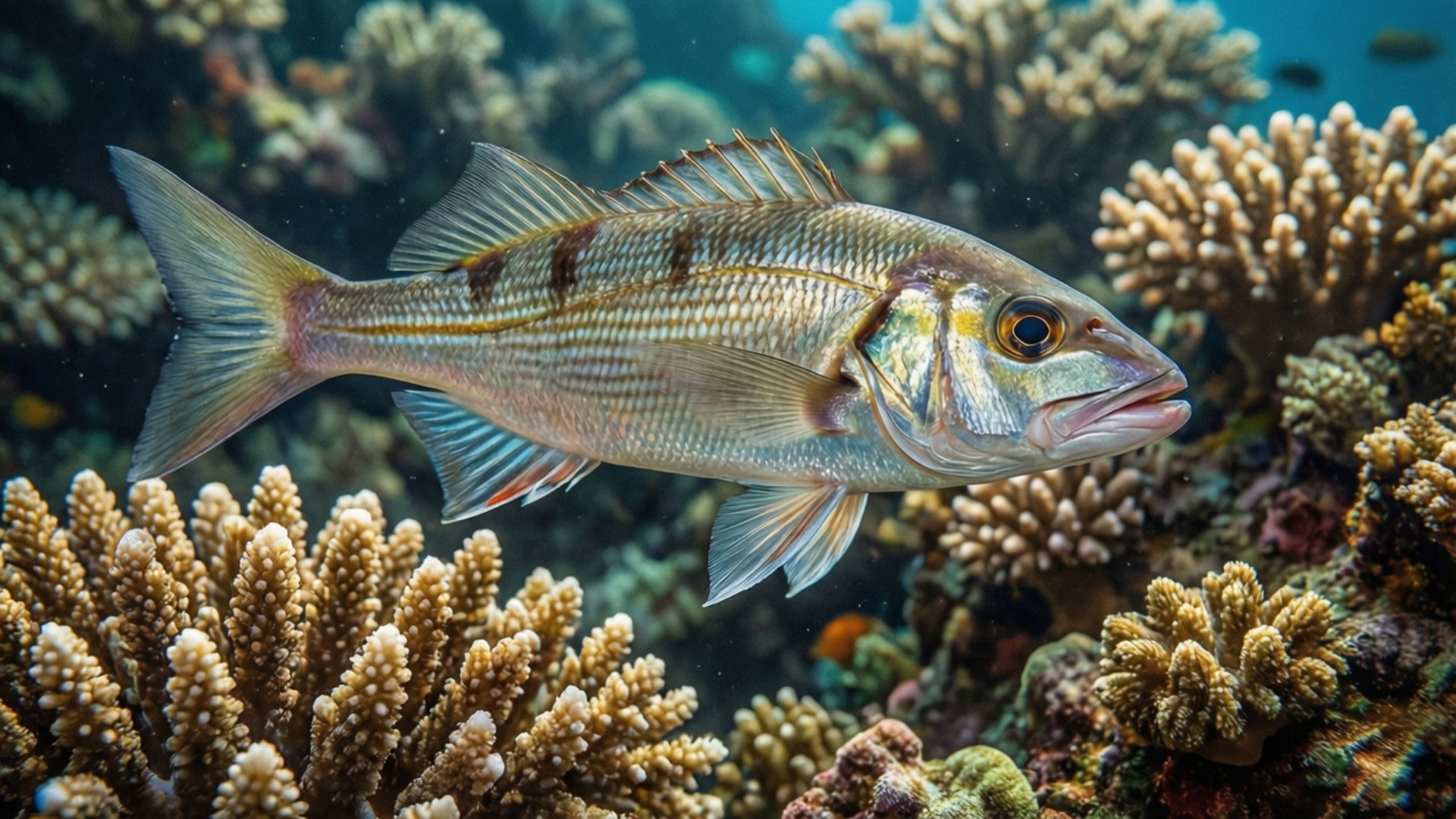 條紋魚在清澈的海水中於珊瑚間游動。