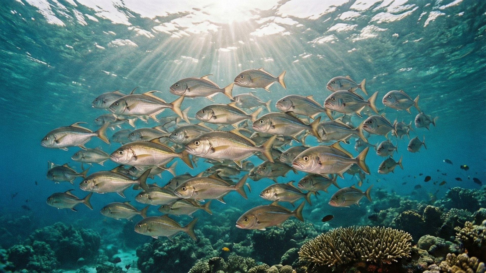 一群銀色魚在清澈藍海中色彩繽紛的珊瑚礁上方游動。