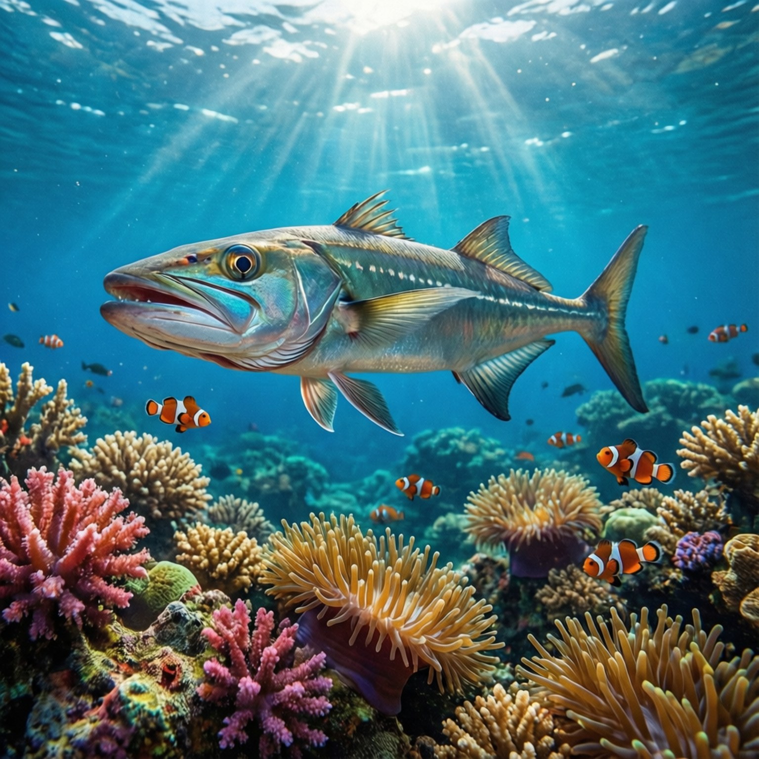 一條大銀魚在清澈的藍色海水中滑過色彩繽紛的珊瑚和海葵。