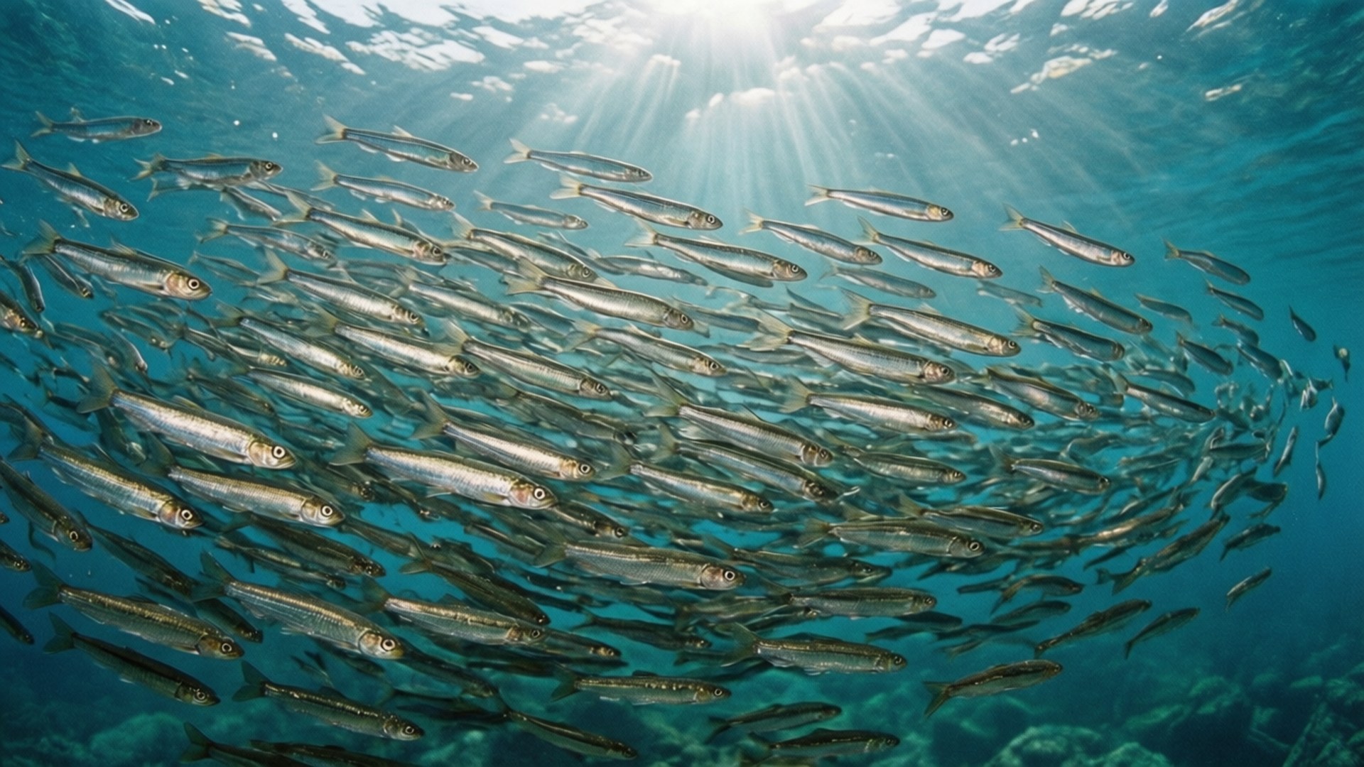鰱魚在陽光灑落的水下 壁紙 — 一大群銀色魚群在水中緊密地游成螺旋形，陽光從上方照射下來。