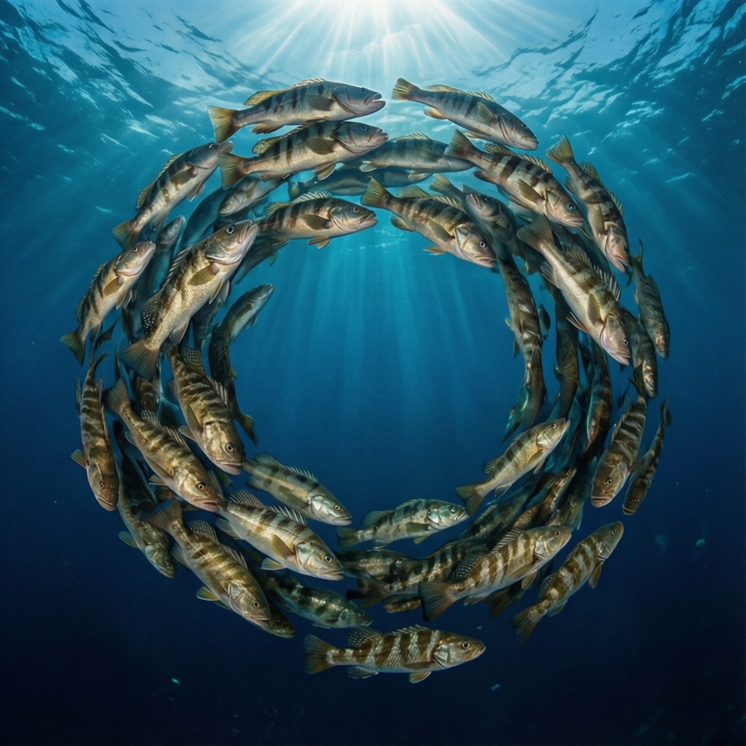 魚在水下繞圈游動，陽光穿透水面。