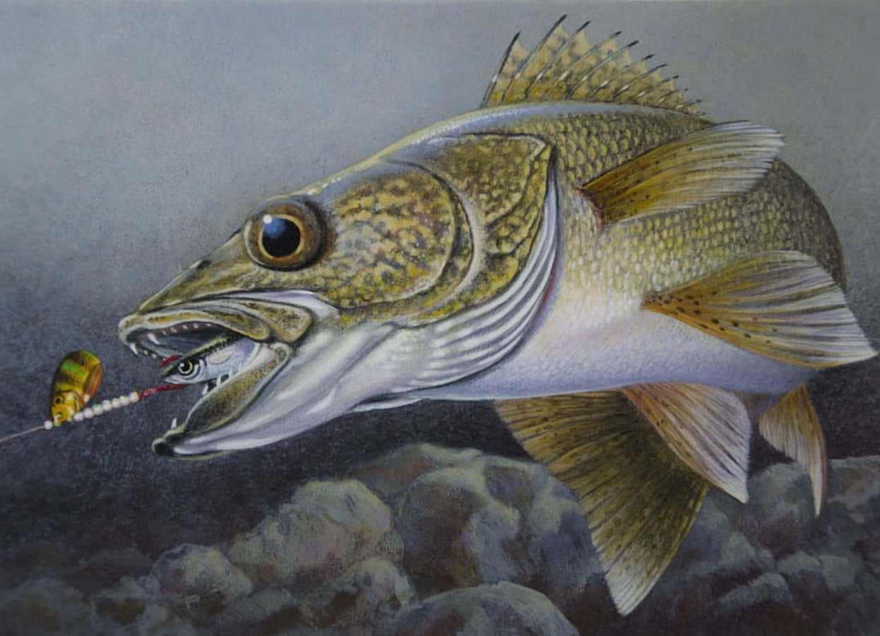 鱒魚潛伏在混濁水域 壁紙 — 一幅詳細的油畫，描繪一條白眼魚在深色水下岩石上方咬住魚餌。