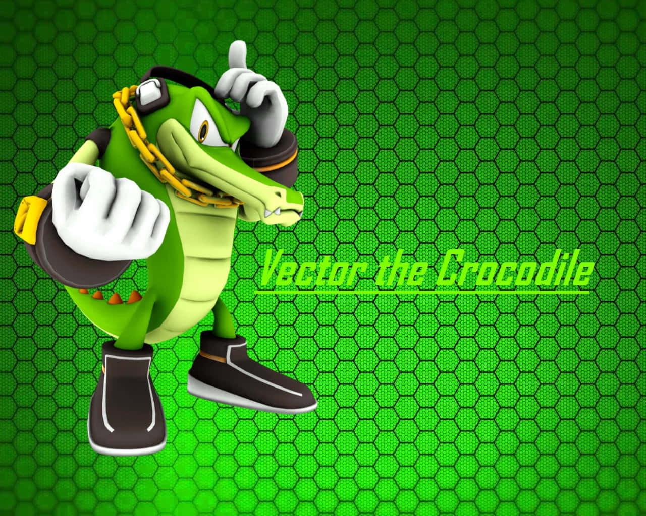 Vector The Crocodile 桌布 壁紙 — 鱷魚Vector在充滿活力的綠色六邊形圖案背景前擺出自信姿勢。