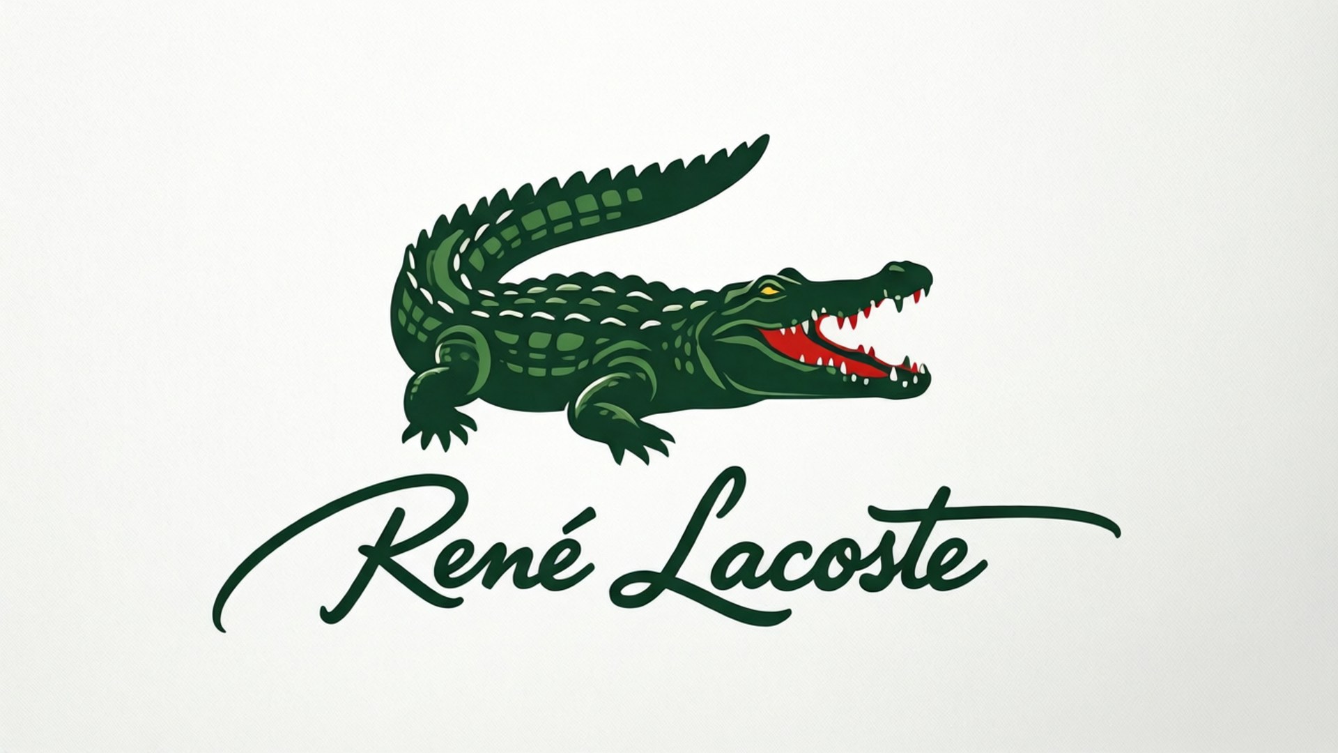 綠色鱷魚標誌，帶有紅色嘴巴和牙齒，位於草書René Lacoste文字上方。