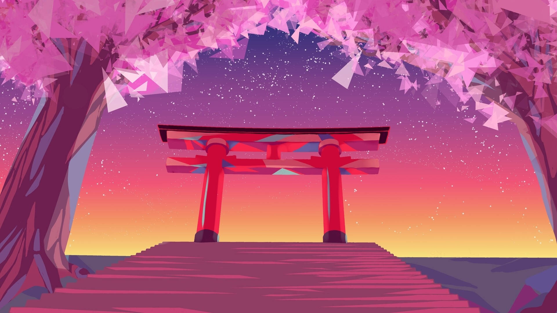 鳥居多邊形藝術 壁紙 — 在繁星點點的暮色天空下，粉紅櫻花襯托著充滿活力的幾何風格鳥居。