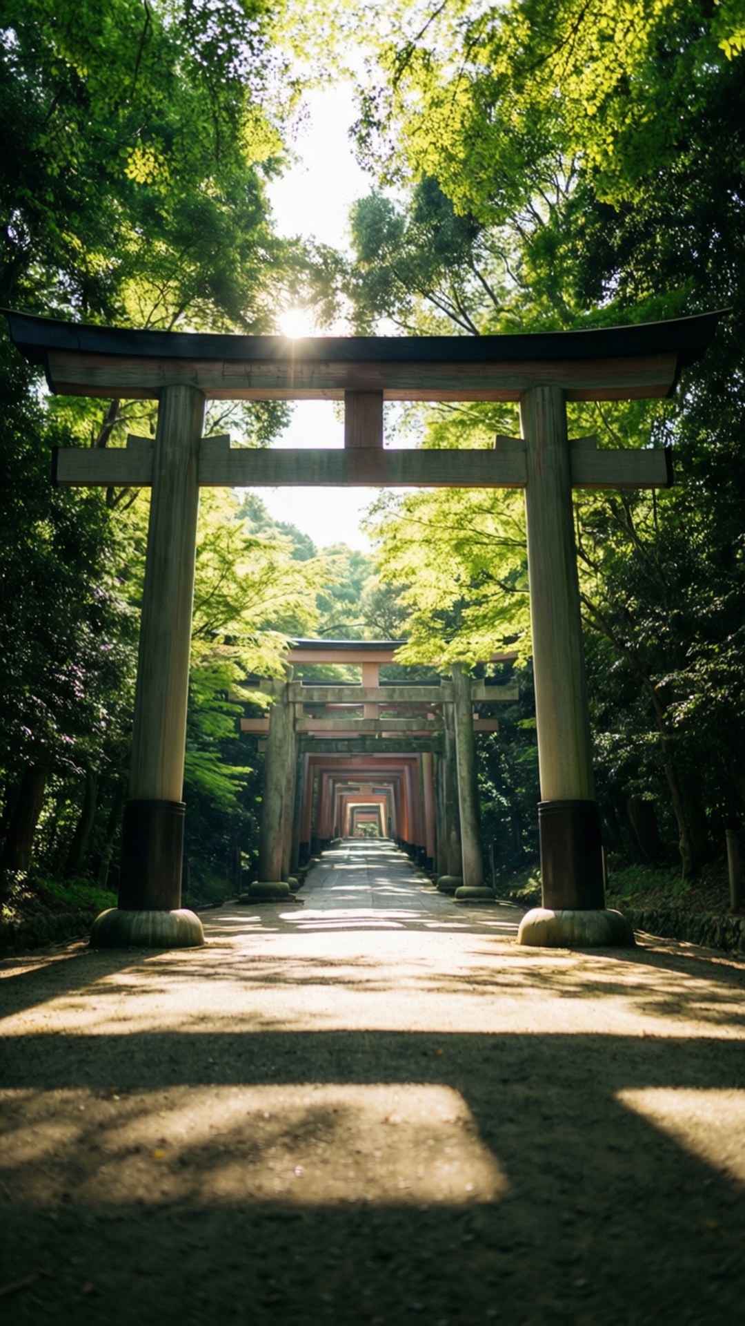 森林中一條由木製鳥居組成的長路，陽光穿過樹木灑落。
