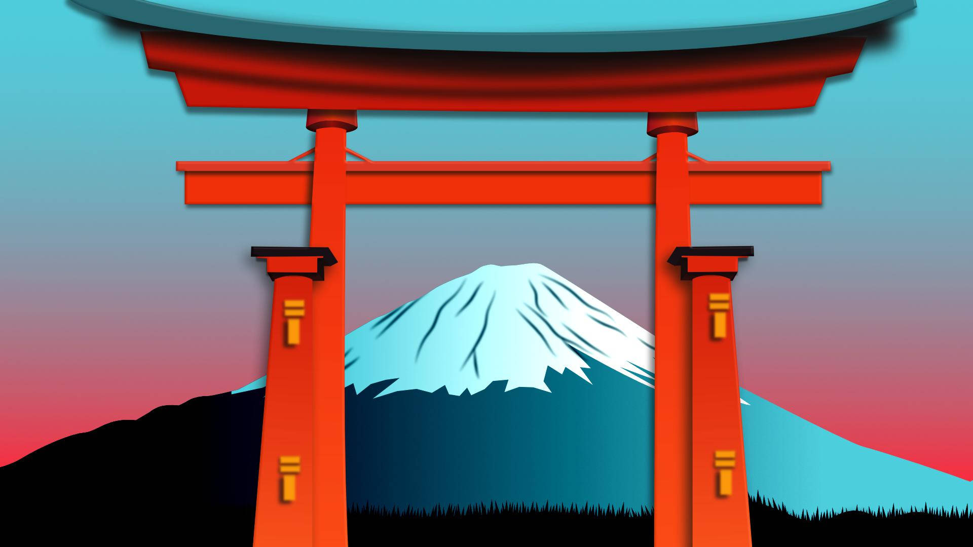 鳥居與富士山 壁紙 — 一座大膽的紅色鳥居框住了積雪的富士山頂，背景是漸變的日落天空。