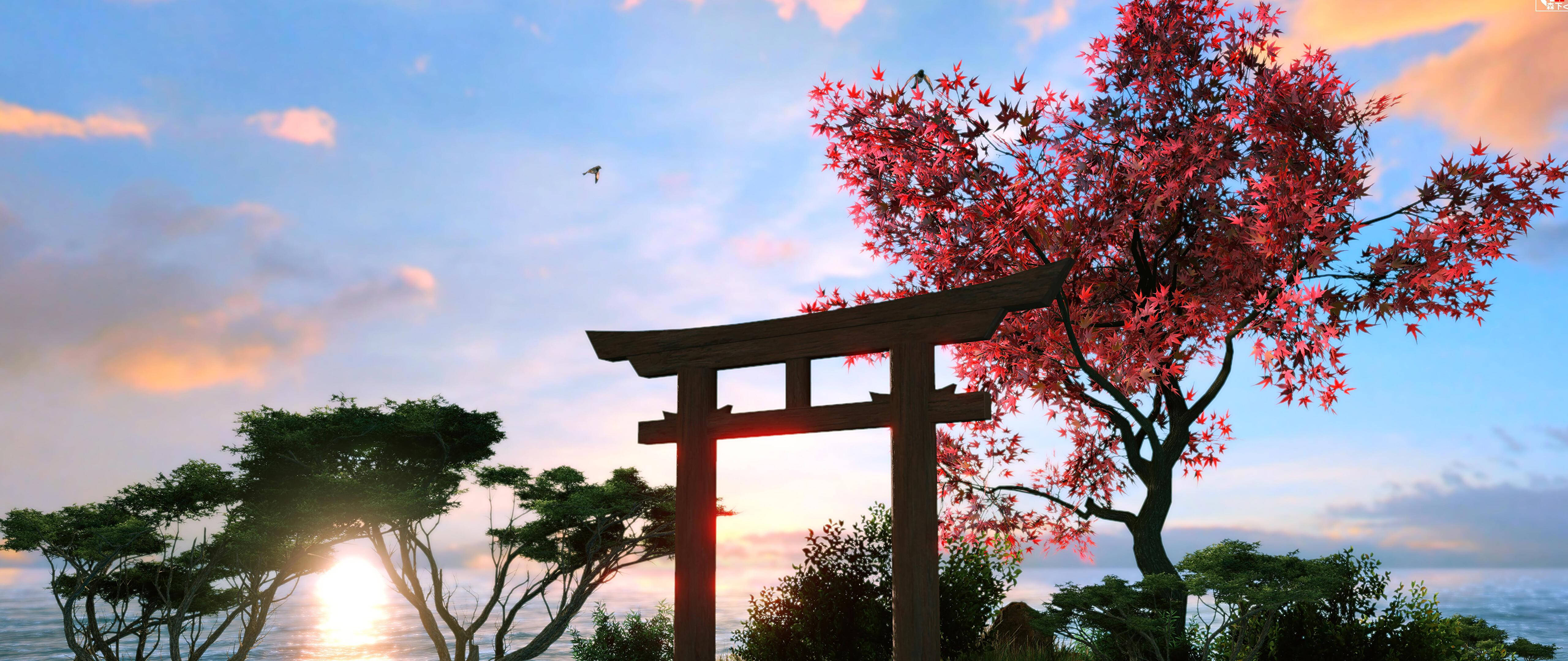 鳥居與櫻花 壁紙 — 一座木製鳥居矗立在夕陽下的海洋上空，一棵鮮紅的楓樹前，有一隻鳥在頭頂飛翔。