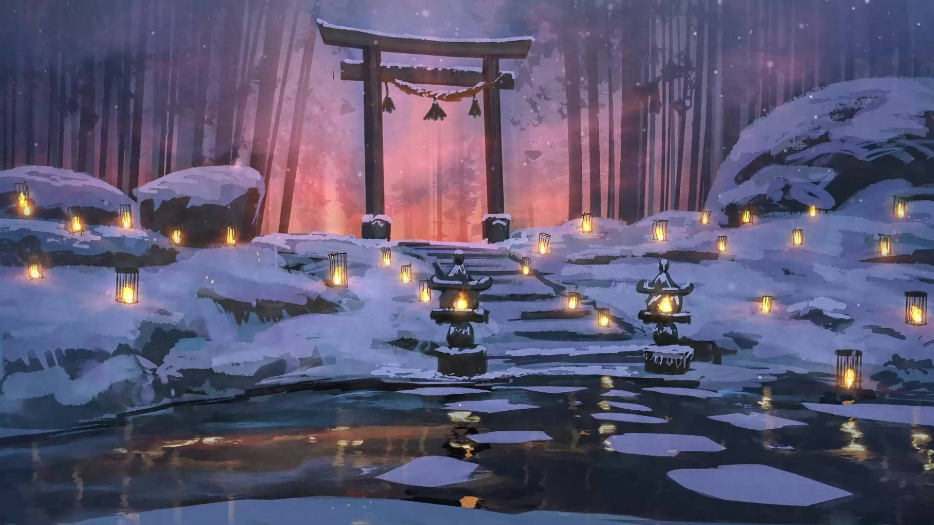 鳥居與燈籠藝術 壁紙 — 一座被雪覆蓋的日本鳥居在暮色天空下閃耀，燈籠倒映在冰冷的水中。