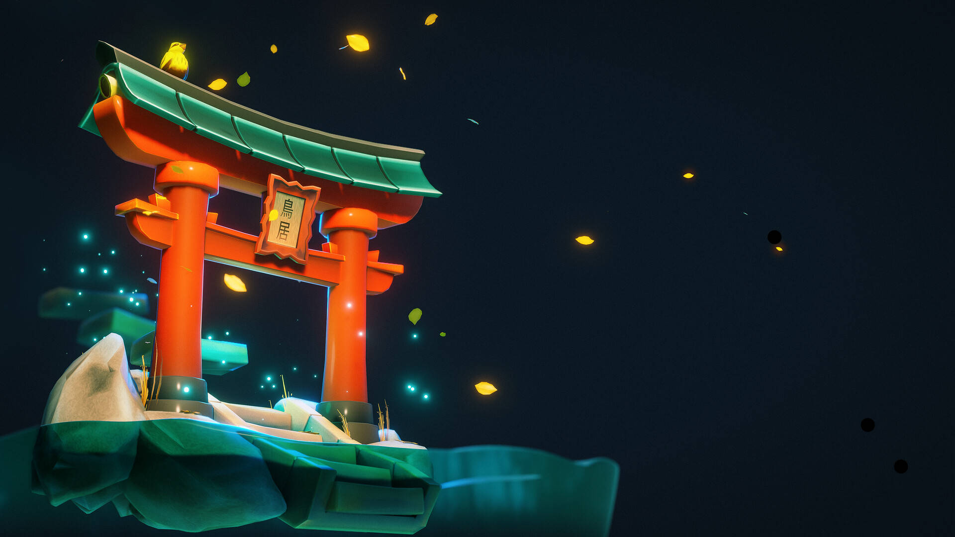 鳥居門3D藝術 壁紙 — 在黑暗的天空下，一座發光的紅色鳥居漂浮在藍綠色水面上，伴隨著飄動的燈籠和發光的粒子。