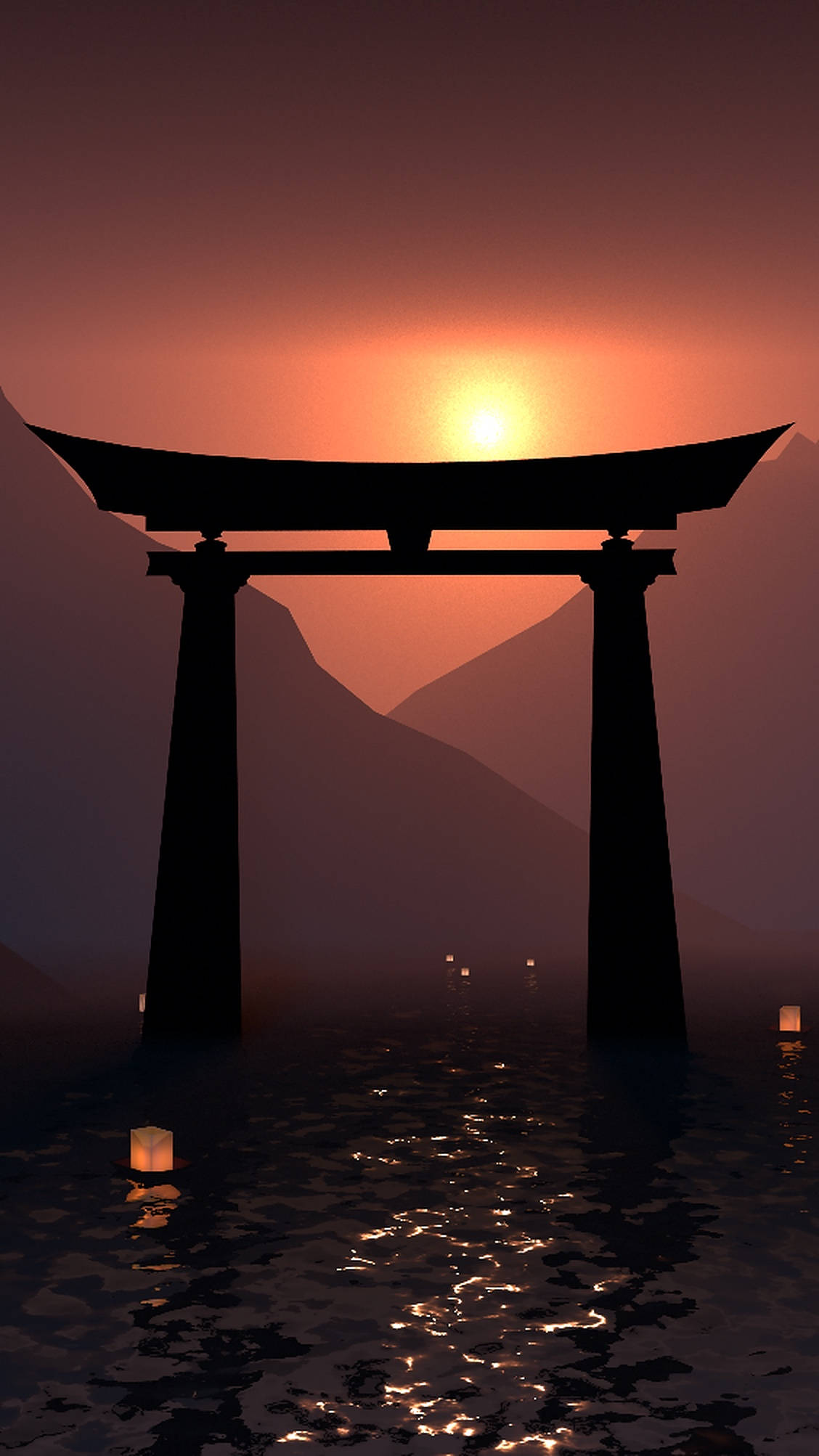 鳥居門剪影 壁紙 — 一座寧靜的鳥居在霧氣瀰漫的水面上，襯托著閃耀的夕陽，與漂浮的燈籠形成剪影。