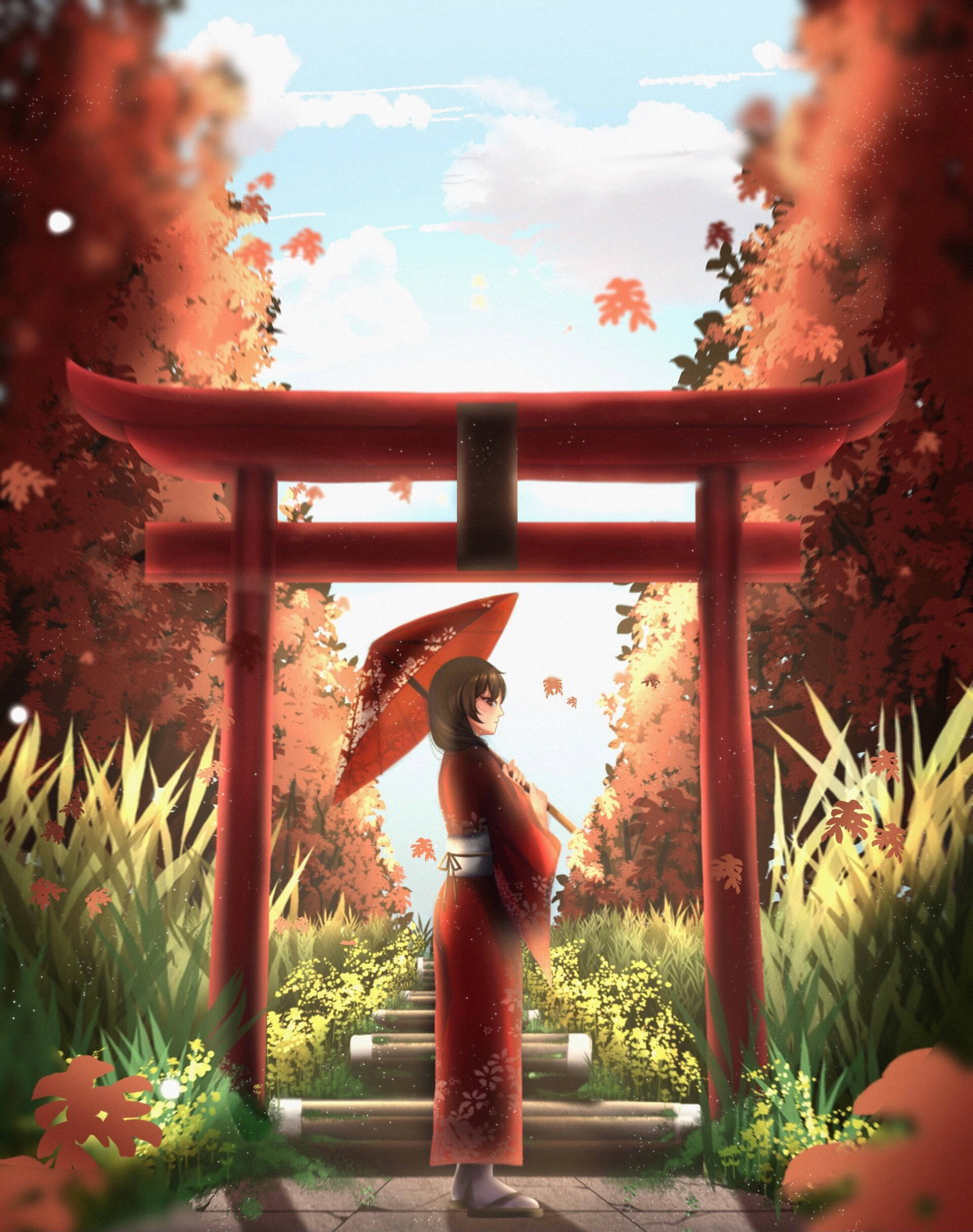 鳥居門動漫少女 壁紙 — 一位身穿紅色和服的年輕女子，手持相配的雨傘，站在被秋葉環繞的鮮紅色鳥居下。