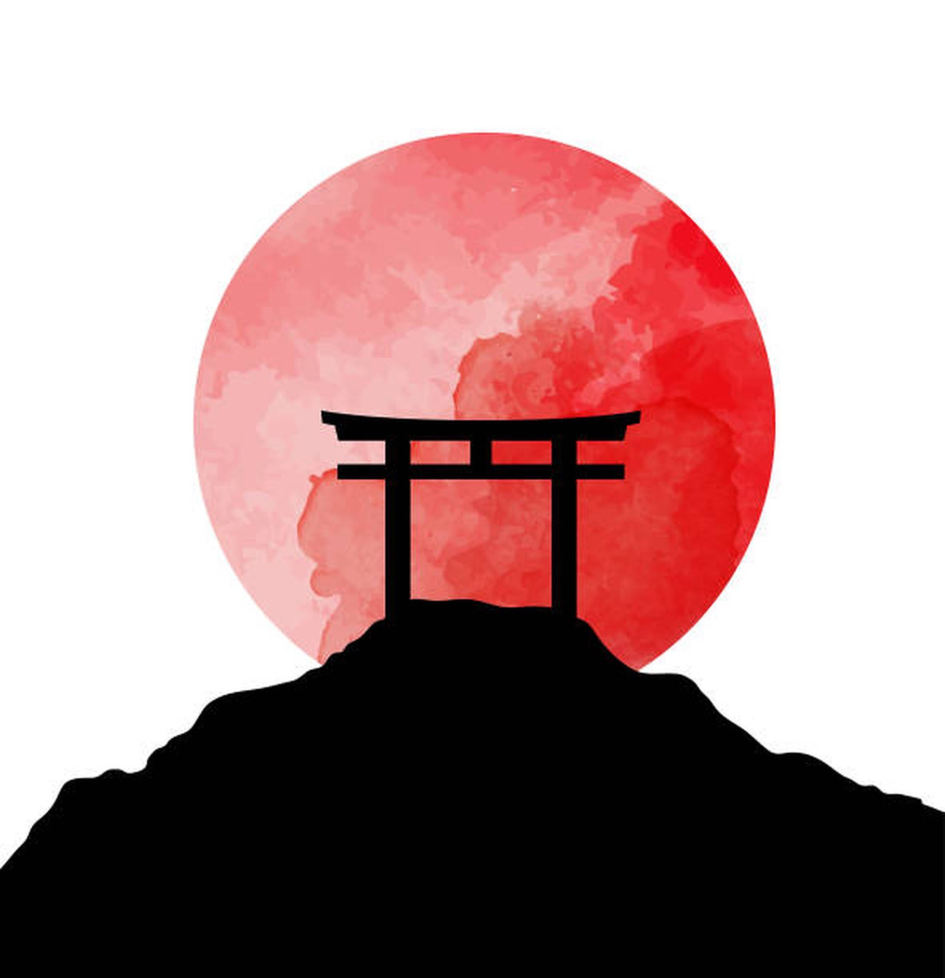鳥居門向量藝術 壁紙 — 傳統日本鳥居的黑色剪影矗立在山頂上，背景是充滿活力的紅色水彩太陽。