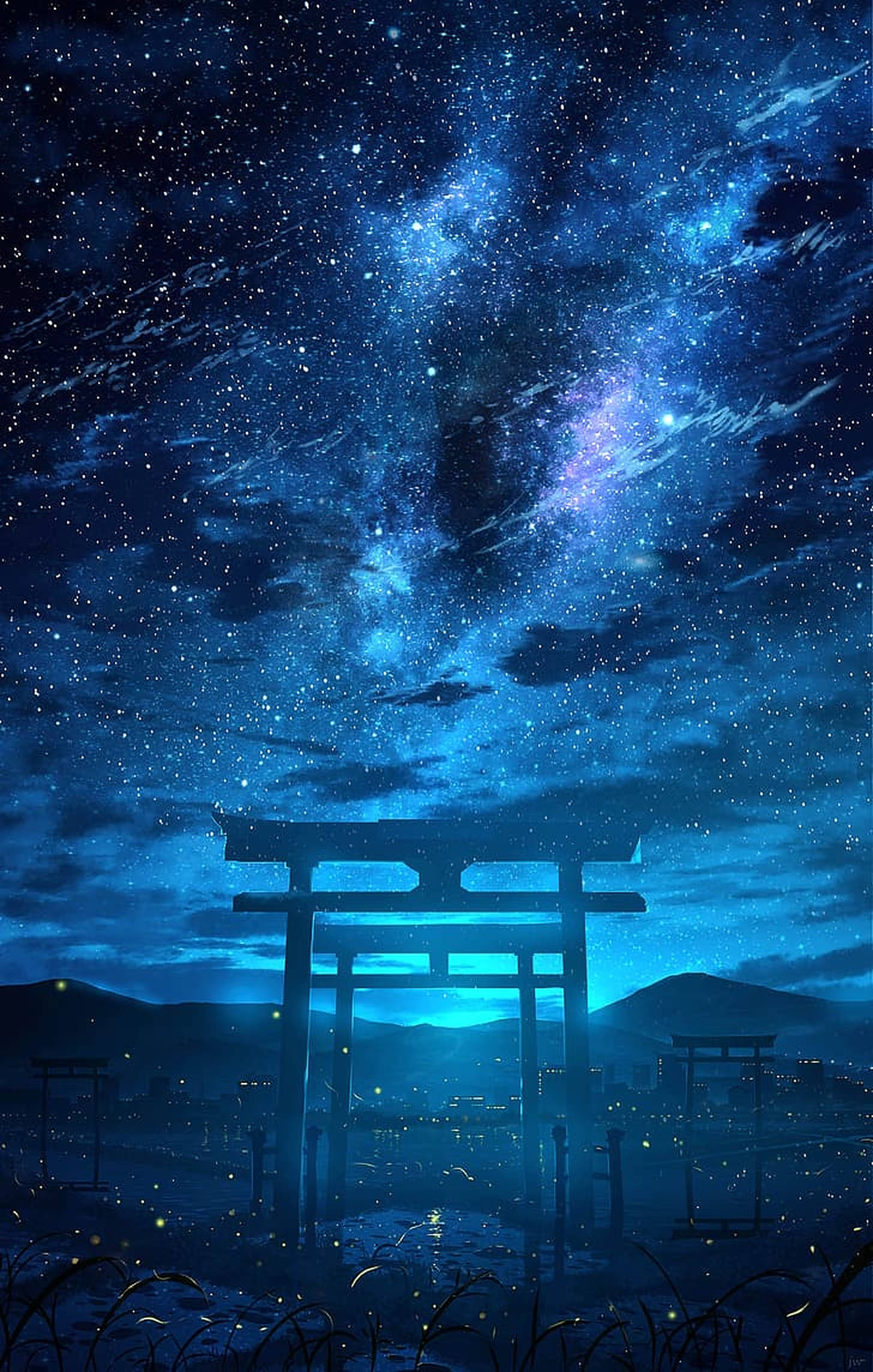 鳥居門星河 壁紙 — 一座雄偉的鳥居在充滿活力的藍色星空和發光的宇宙雲層中呈現剪影。