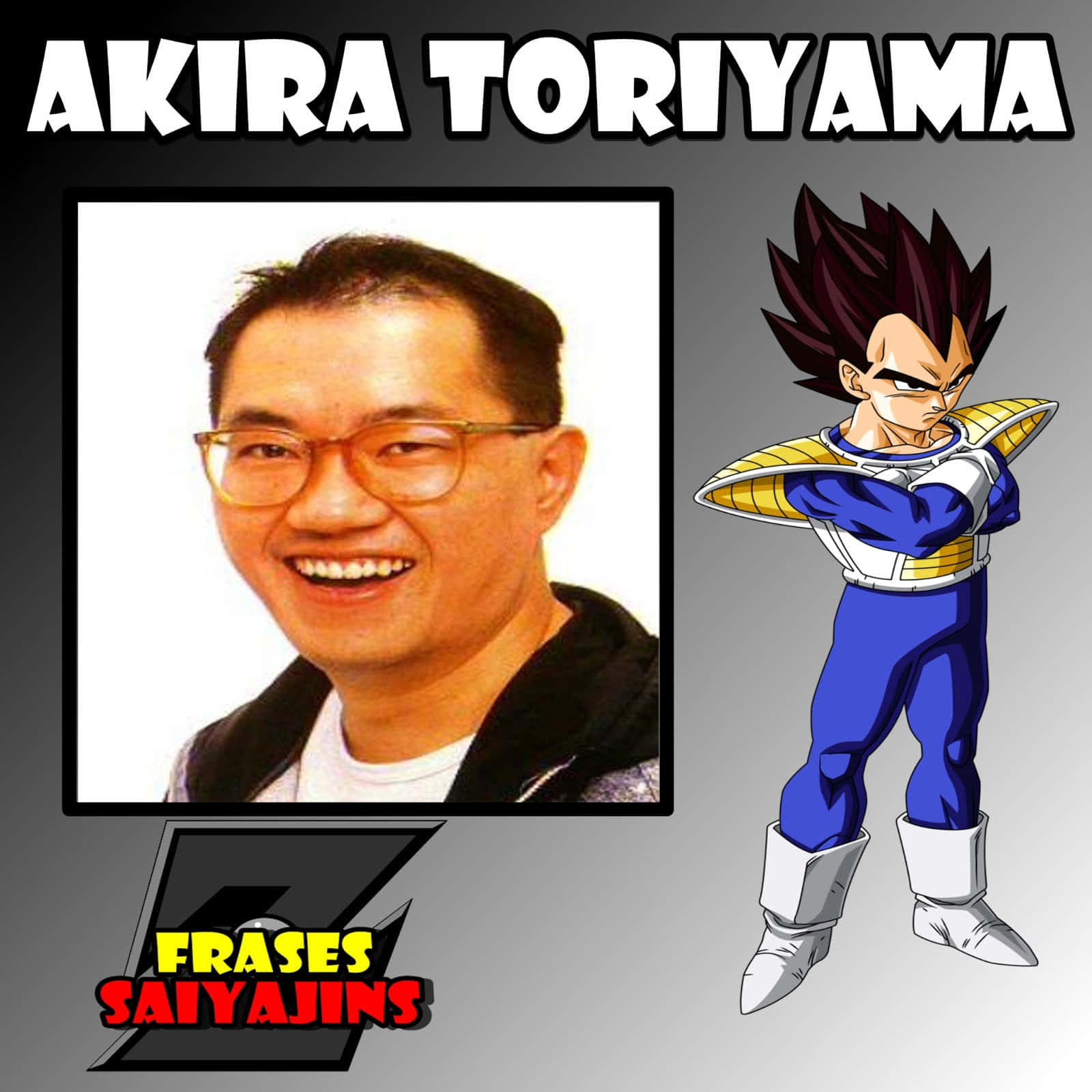 Akira Toriyama 桌布 壁紙 — 鳥山明與其標誌性動漫角色比達（藍黃盔甲）的合照，面帶微笑。