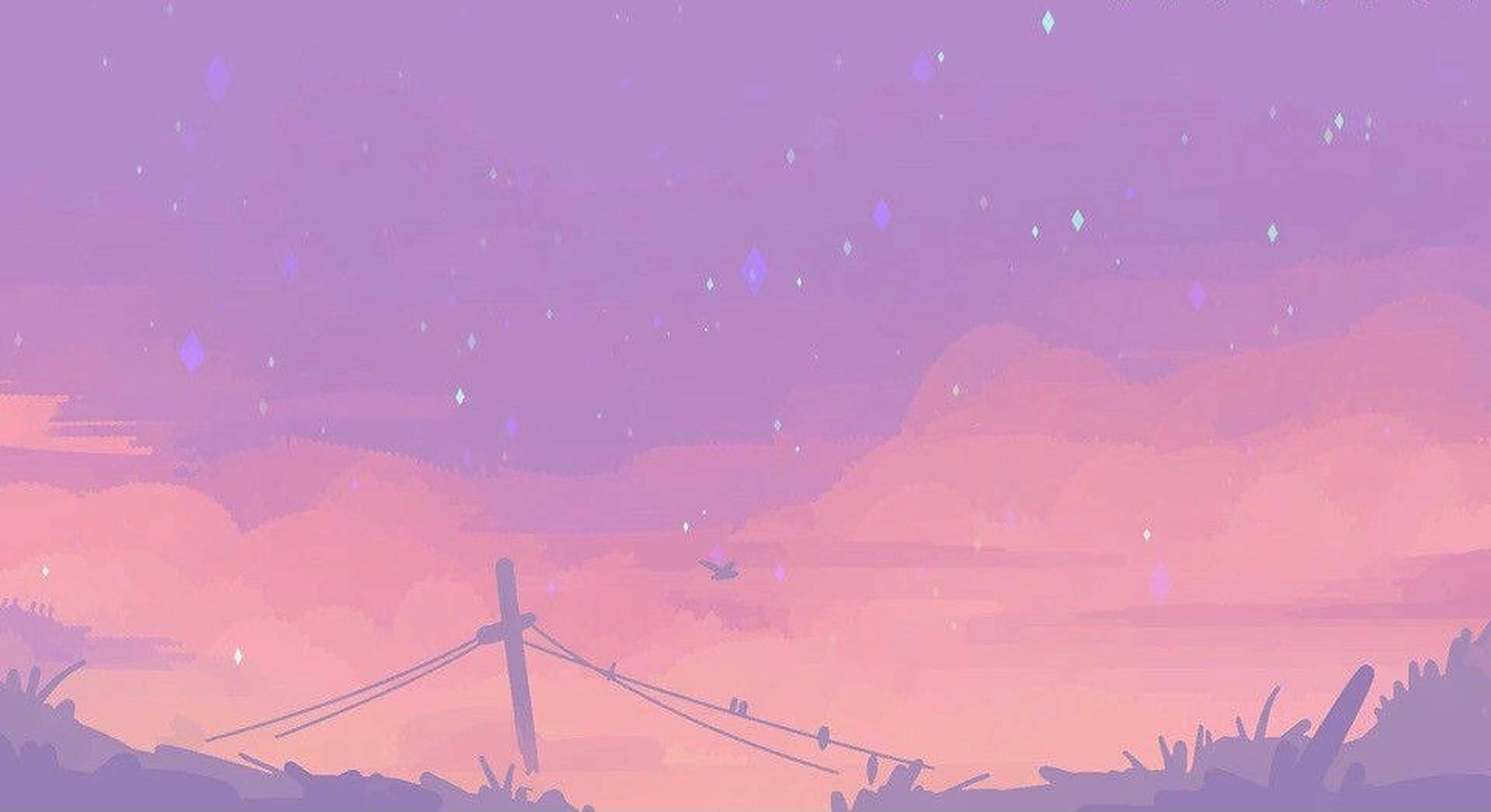 鳥影與粉紫天空背景 壁紙 — 寧靜的黃昏景色，一隻孤鳥飛過剪影般的電線，背景是柔和的粉紅和紫色雲彩。