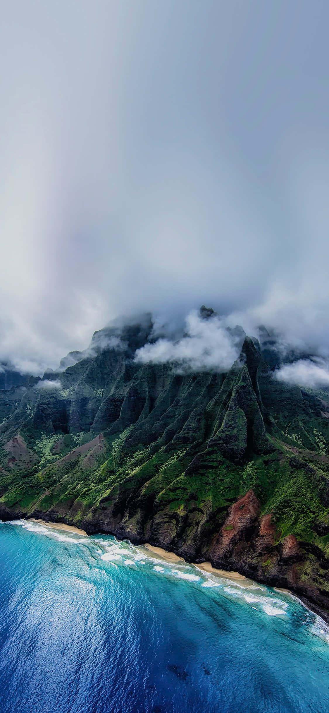 iPhone X Nature 桌布 壁紙 — 鳥瞰圖：一片茂密翠綠的山崖，在陰雲密布的天空下與碧綠的海浪交匯。