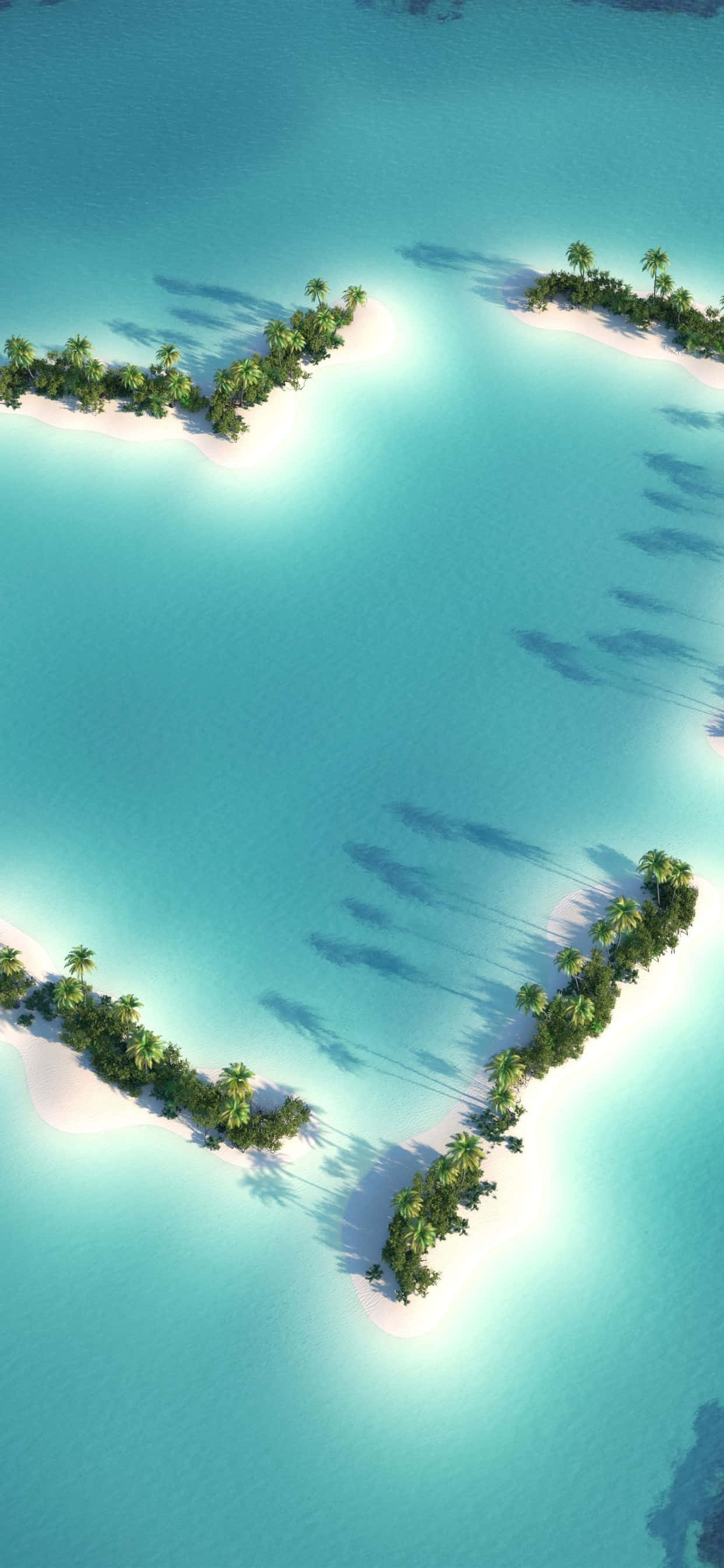 Beach Love 桌布 壁紙 — 鳥瞰圖：碧綠海水環繞白色沙洲，茂密綠色棕櫚樹投下長長陰影。