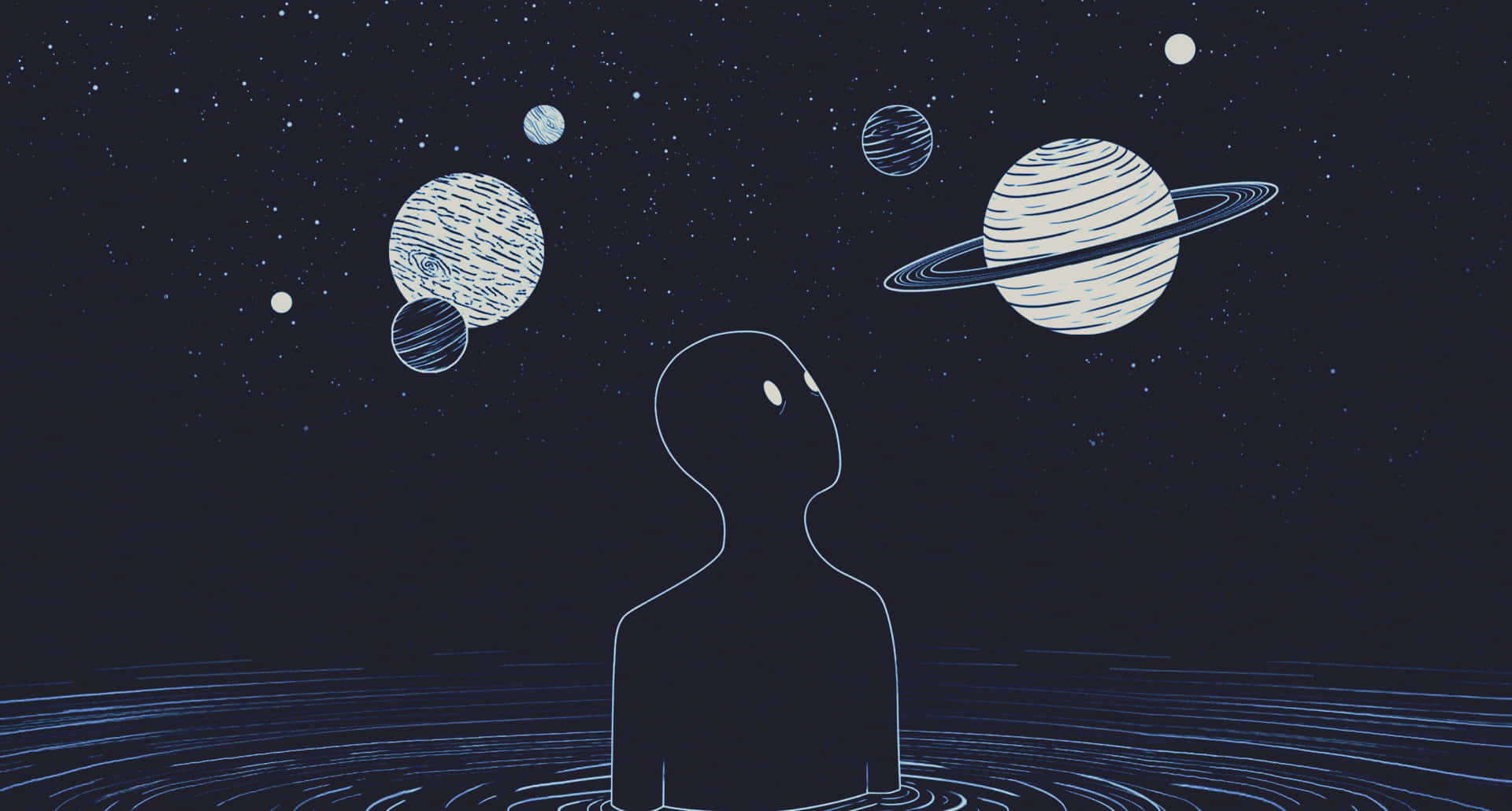 一個人在水中仰望星空中的行星的剪影。