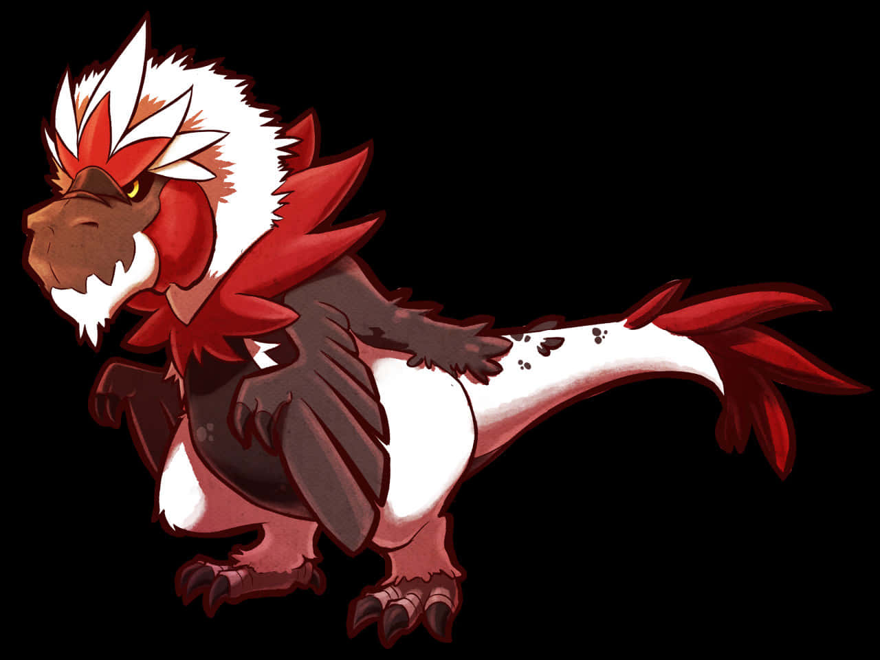 鳥類風格 Tyrantrum 壁紙 — 一隻兇猛的紅白龍，有著尖刺鬃毛和發光的黃色眼睛，站在黑色背景前。