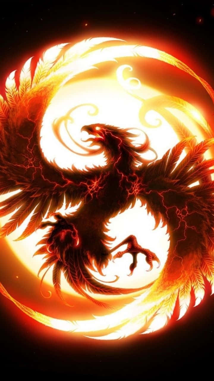 一隻翅膀發光的鳳凰，在宇宙環境中向內盤旋，對著一個發光的球體。