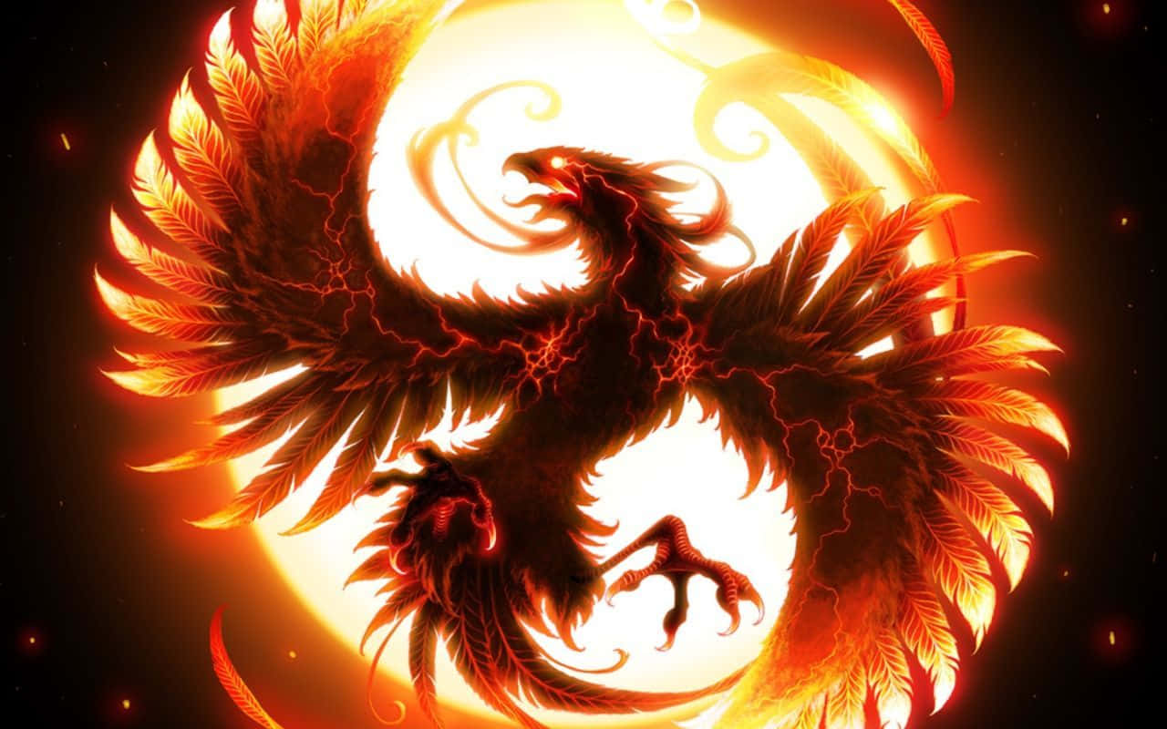 一隻熾熱的鳳凰，羽毛發光，從黑暗太空場景中的明亮太陽升起。