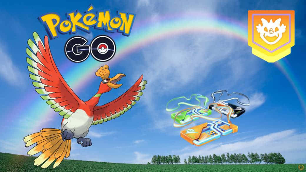 Ho-Oh 在 Pokémon Go 廣告中於彩虹下與精靈球發射器一同飛翔。