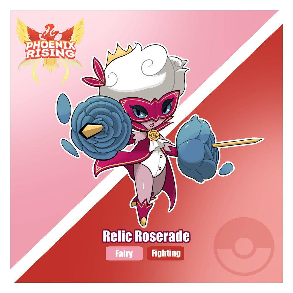 Q版寵物小精靈 Relic Roserade 以玫瑰主題裝備擺出戰鬥姿勢。