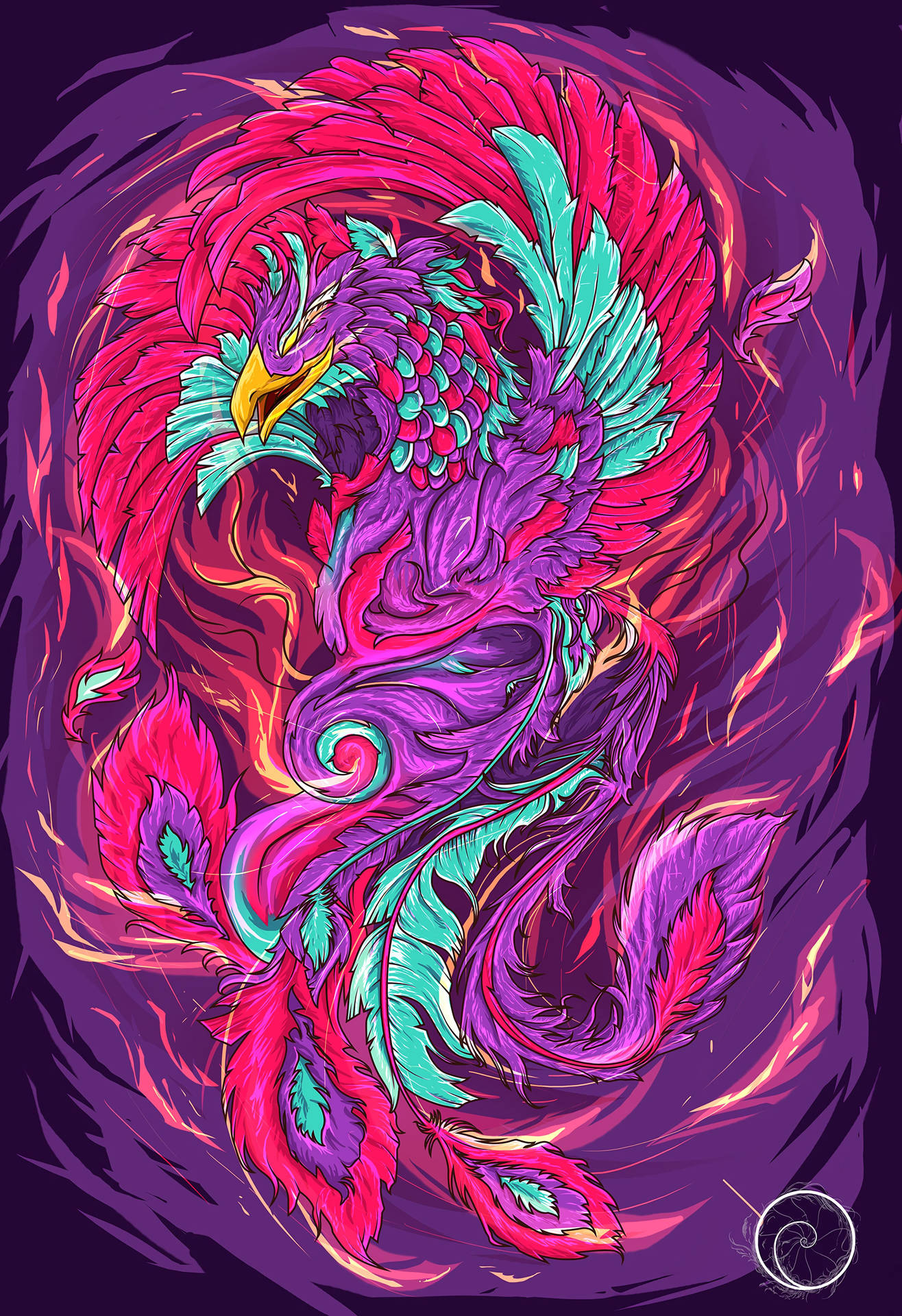 一隻色彩繽紛的鳳凰，帶有洋紅色和藍綠色羽毛，從火焰中升起。