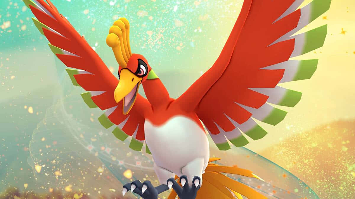 鳳凰背景閃爍星光 壁紙 — 一隻充滿活力的動畫鳳凰，紅色翅膀帶綠色尖端，翱翔於閃爍的金色天空。