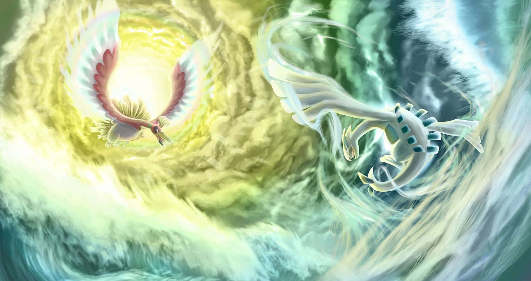 鳳凰與鷹飛在雲中對戰 壁紙 — 兩隻雄偉的傳說之鳥在相反的元素風暴中翱翔，一隻燦爛黃色，一隻冰藍色。