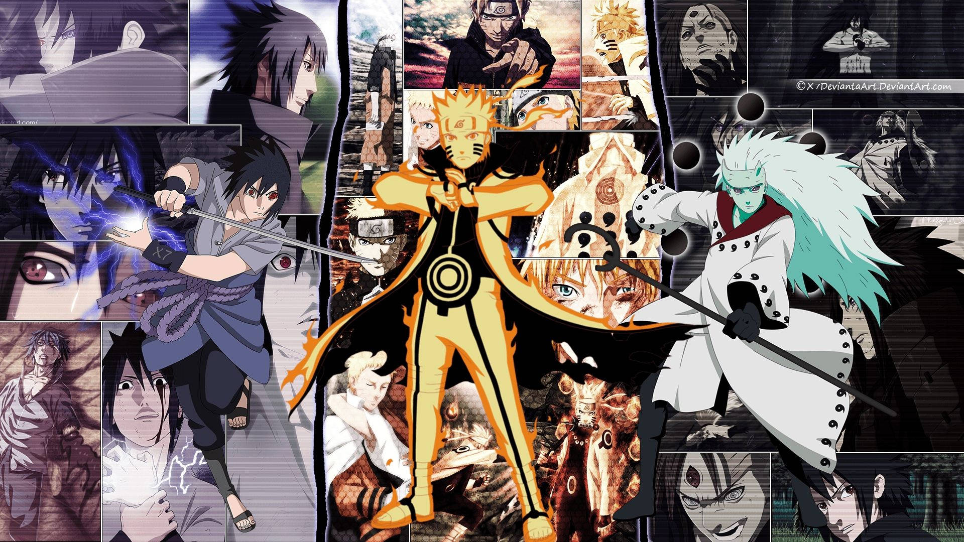 拼貼畫中擺出動作姿勢的火影忍者動漫角色。