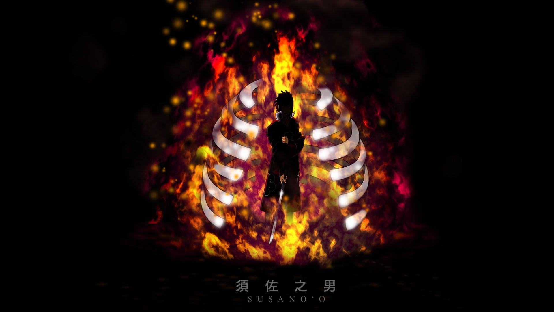 鳴人佐助須佐能乎 壁紙 — 一個戰士的黑暗剪影，穿著發光的白色肋骨狀盔甲，站在黑色背景上旋轉的火焰和火花之中。
