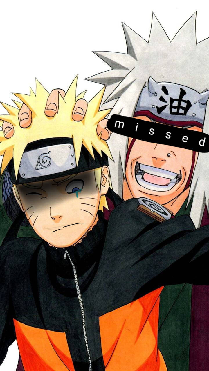 Sad Naruto 桌布 壁紙 — 鳴人和卡卡西分享一個有趣的時刻，卡卡西的手放在鳴人的頭上，一個 'missed' 的橫幅在他的眼睛上方。
