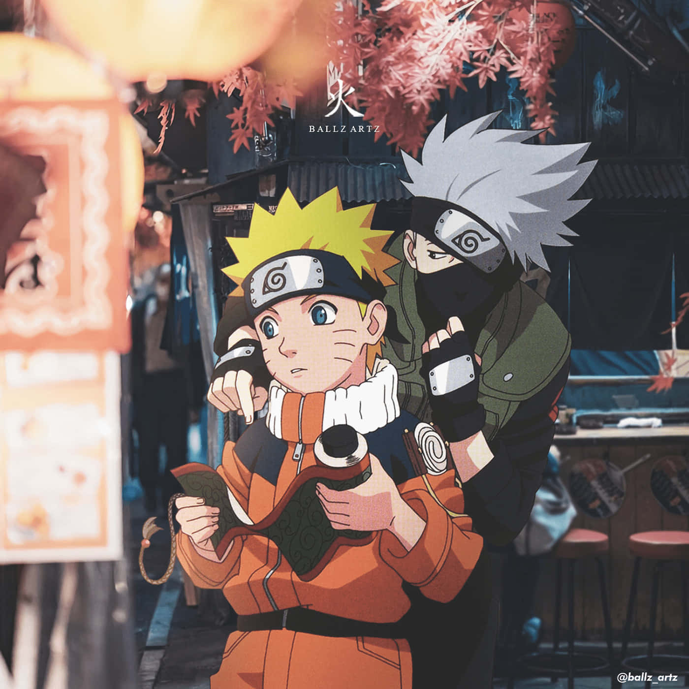 Kakashi And Naruto 桌布 壁紙 — 鳴人和卡卡西站在一條溫暖燈光照亮的日本街道上，街道上裝飾著櫻花和燈籠。