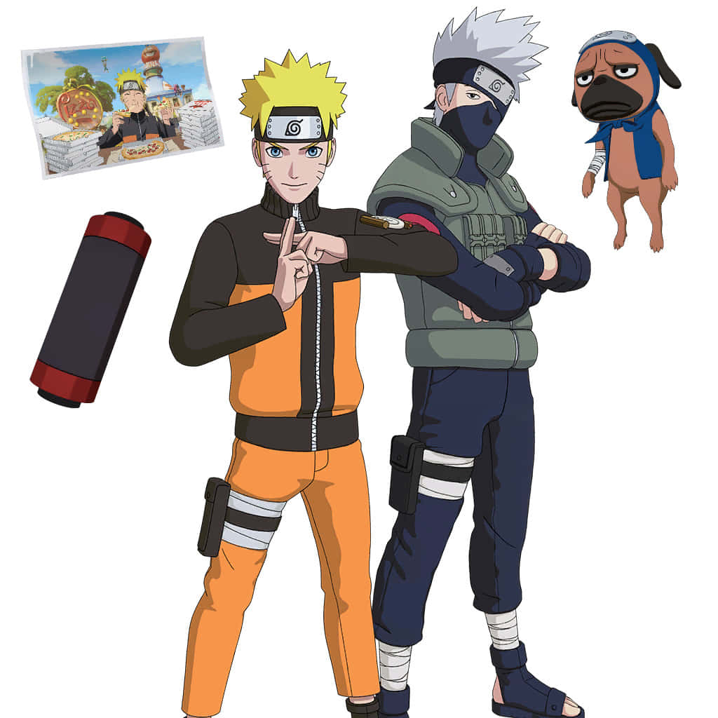 Kakashi And Naruto 桌布 壁紙 — 鳴人和卡卡西自信地站著，旁邊有一隻巴哥犬和一個卷軸，以充滿活力的動漫風格呈現。