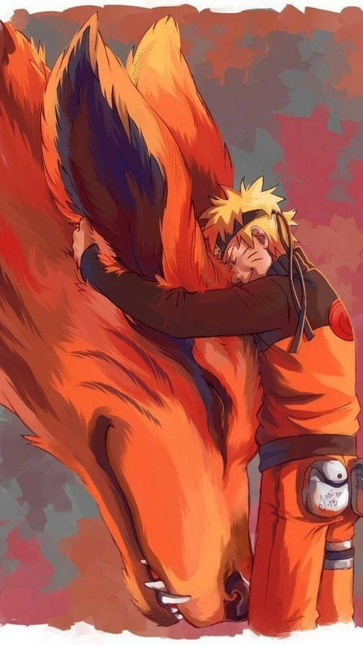 naruto poster 桌布 壁紙 — 鳴人在熾熱的橙色和紅色背景下，溫柔地擁抱九尾狐。