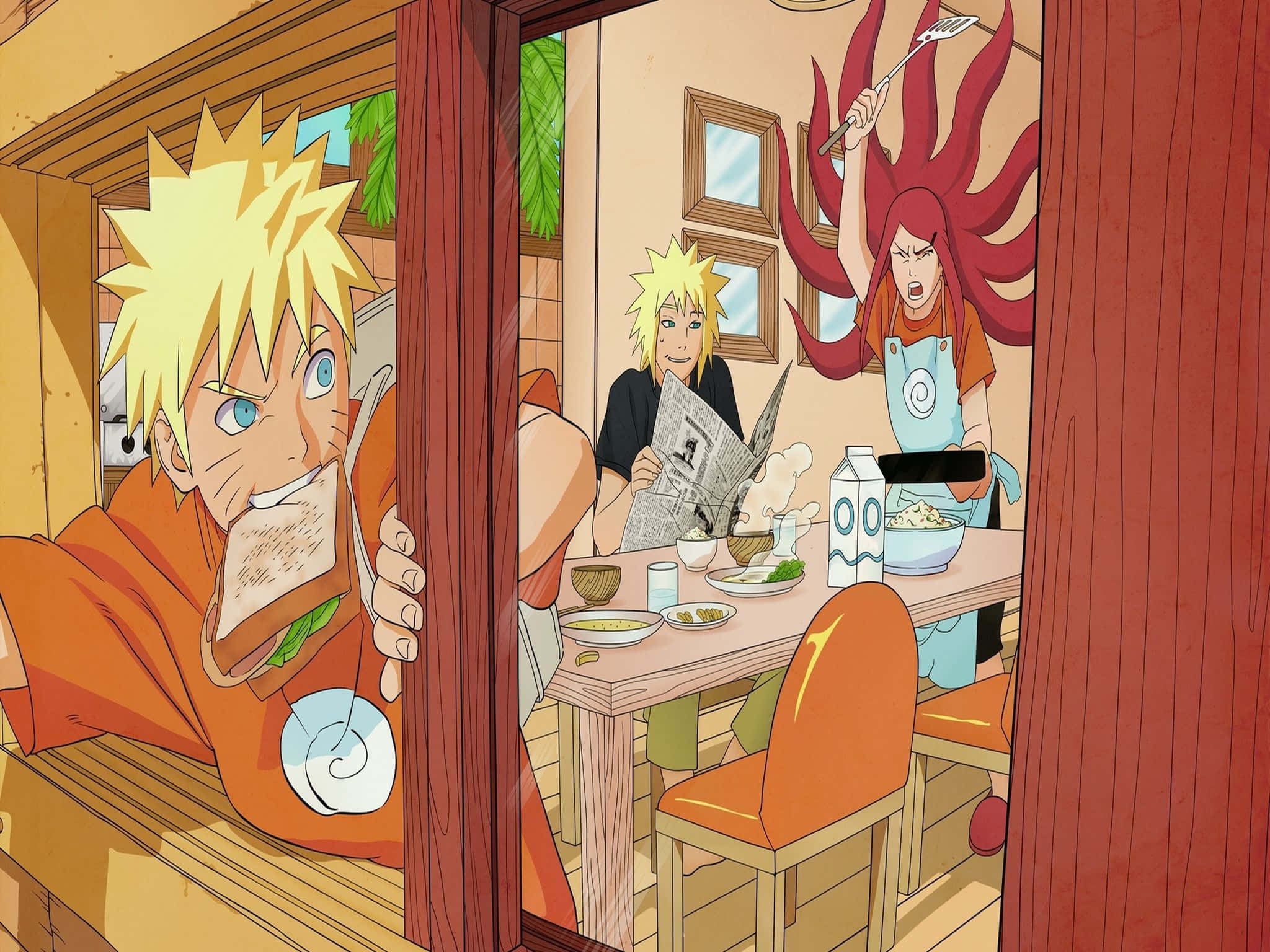 Fourth Hokage 桌布 壁紙 — 鳴人從門口偷看，他的母親憤怒地拿著叉子，而他正在桌子上吃三文治。