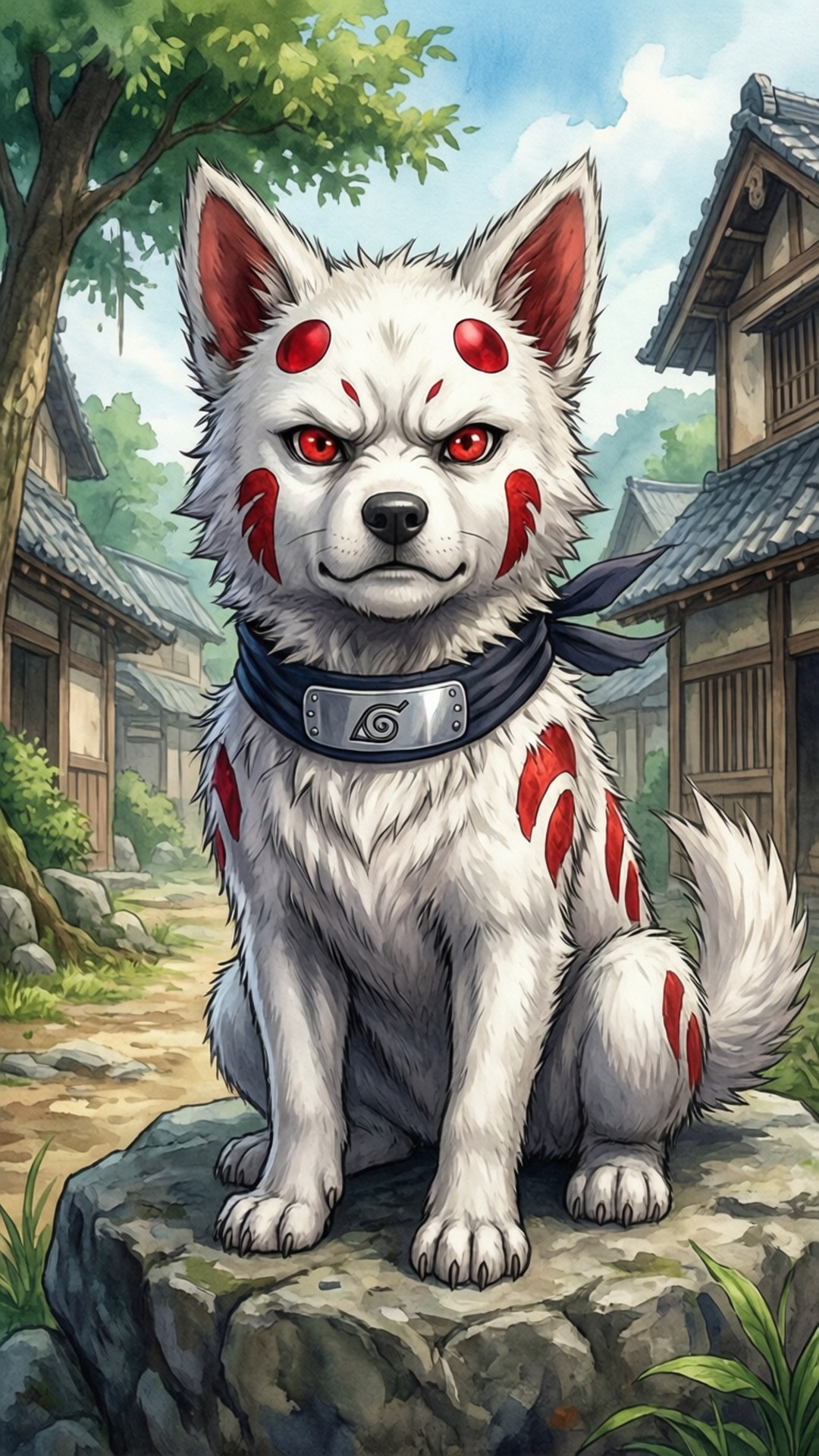 一隻帶有紅色標記和發光眼睛、戴著忍者頭帶的白狐坐在日本村莊的石頭上。